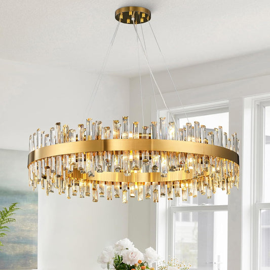 31.5 in. 16-Light Gold Crystal Chandelier, Modern Round K9 Crystal Hanging Pendant Ceiling Light Fixture