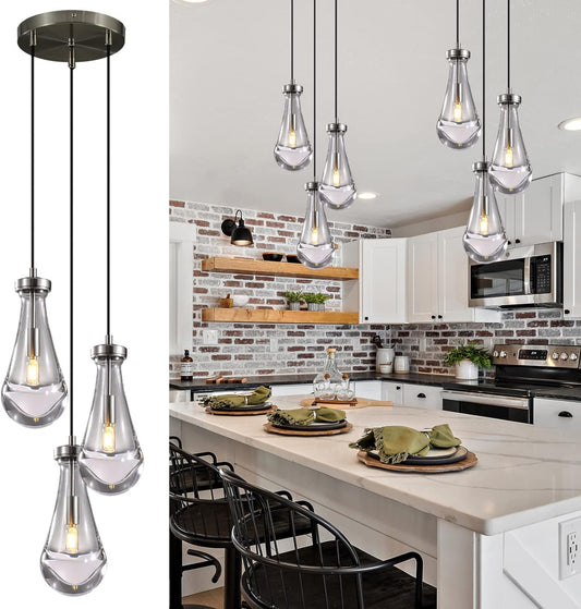 Farmhouse Chandelier 85 in. H 3 Light Nickel Raindrop Globe Chandelier for Dinning Room, Kitchen, Foyer, Bulb Included