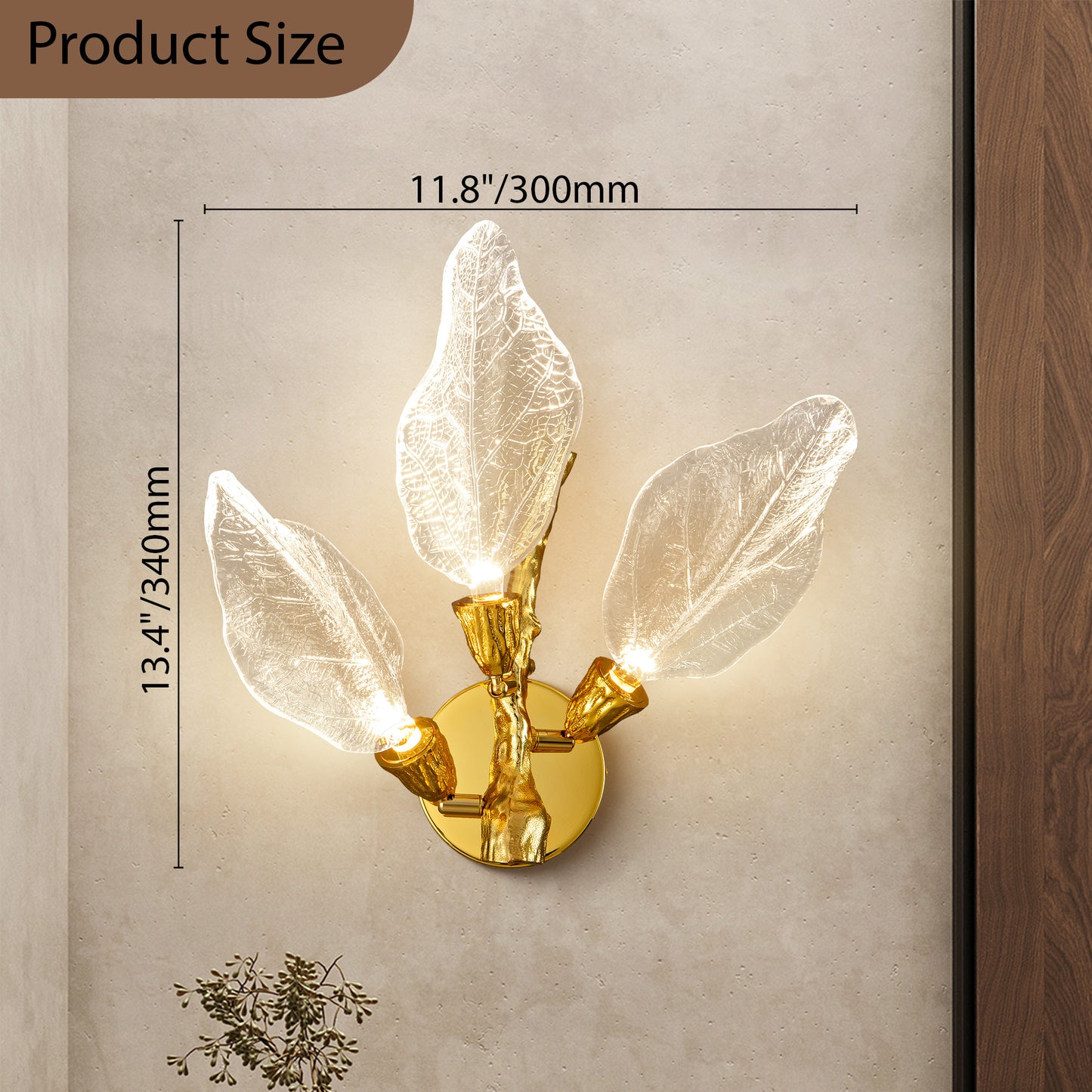 Modern 13.4 in. 3-Light Gold Bionic Leaf Wall Sconce LED Vanity Lighting Fixtures for Bathroom Hallway Living Room Stair
