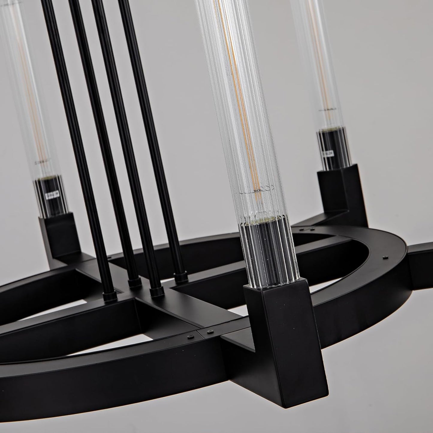 35 in. 6-Light Farmhouse Chandelier, Black Wagon Wheel Chandelier with Glass Tube for Dining Room, Living Room, Entryway