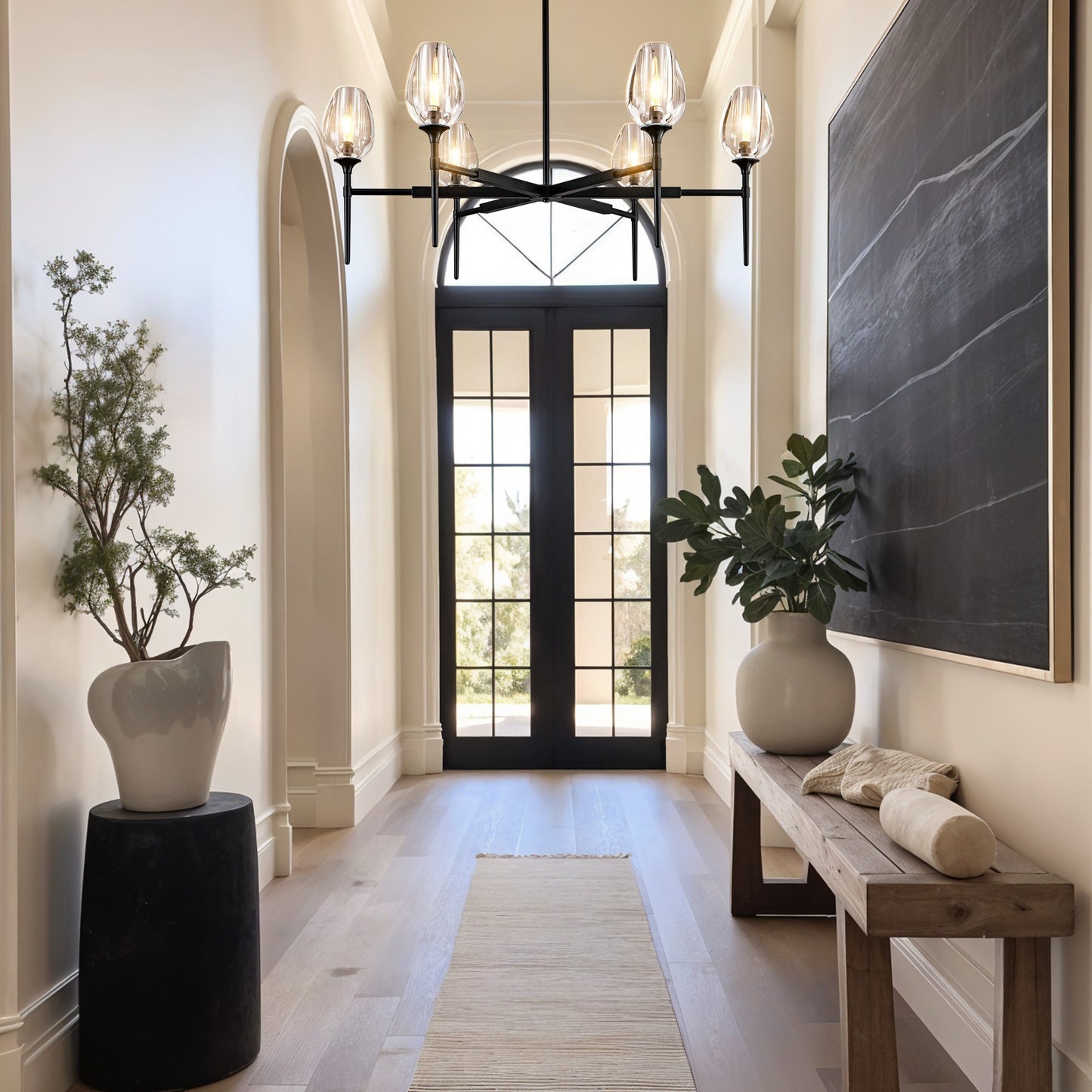 Modern Tulip Chandelier 42 in. 6-Light Black Tulip Round Chandelier for Dining Room, Living Room, Foyer, Hallway