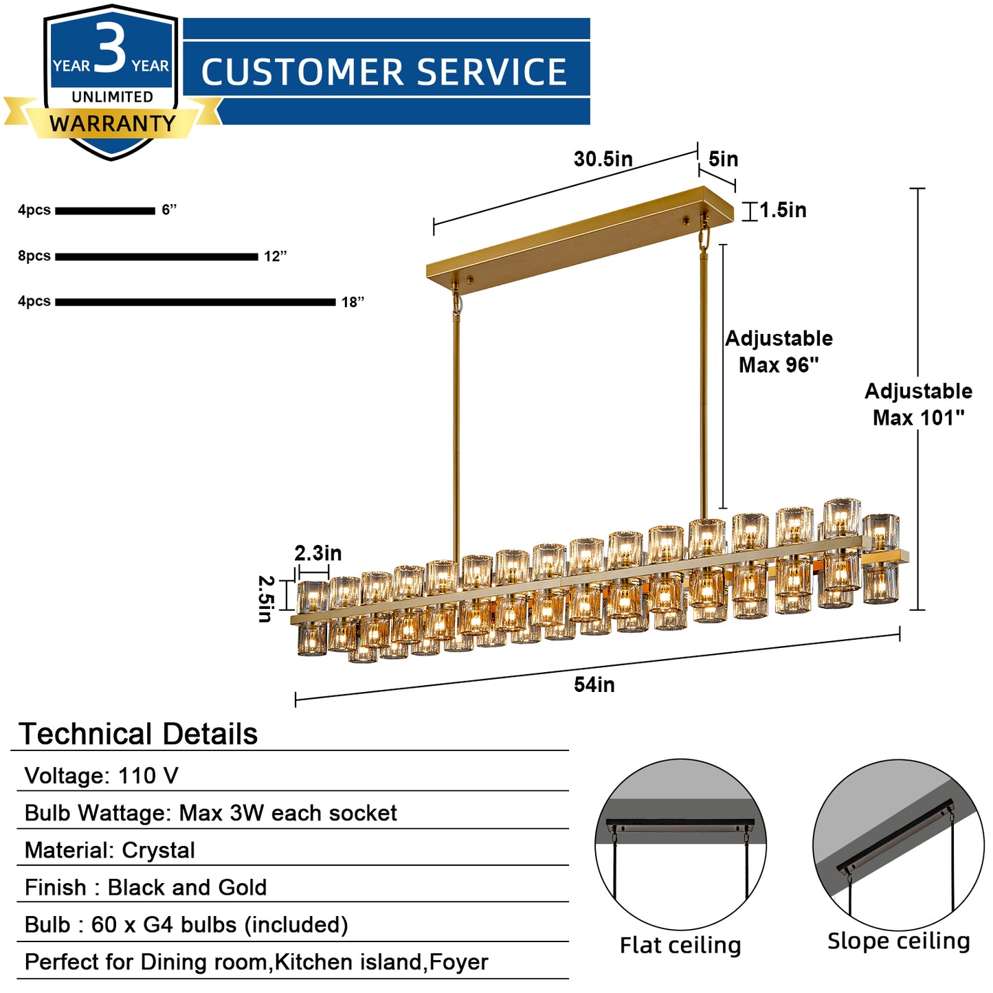 60-Light Gold Rectangular Chandelier, 54 in. Modern K9 Crystal Chandelier for Dining Room, Living Room, Foyer