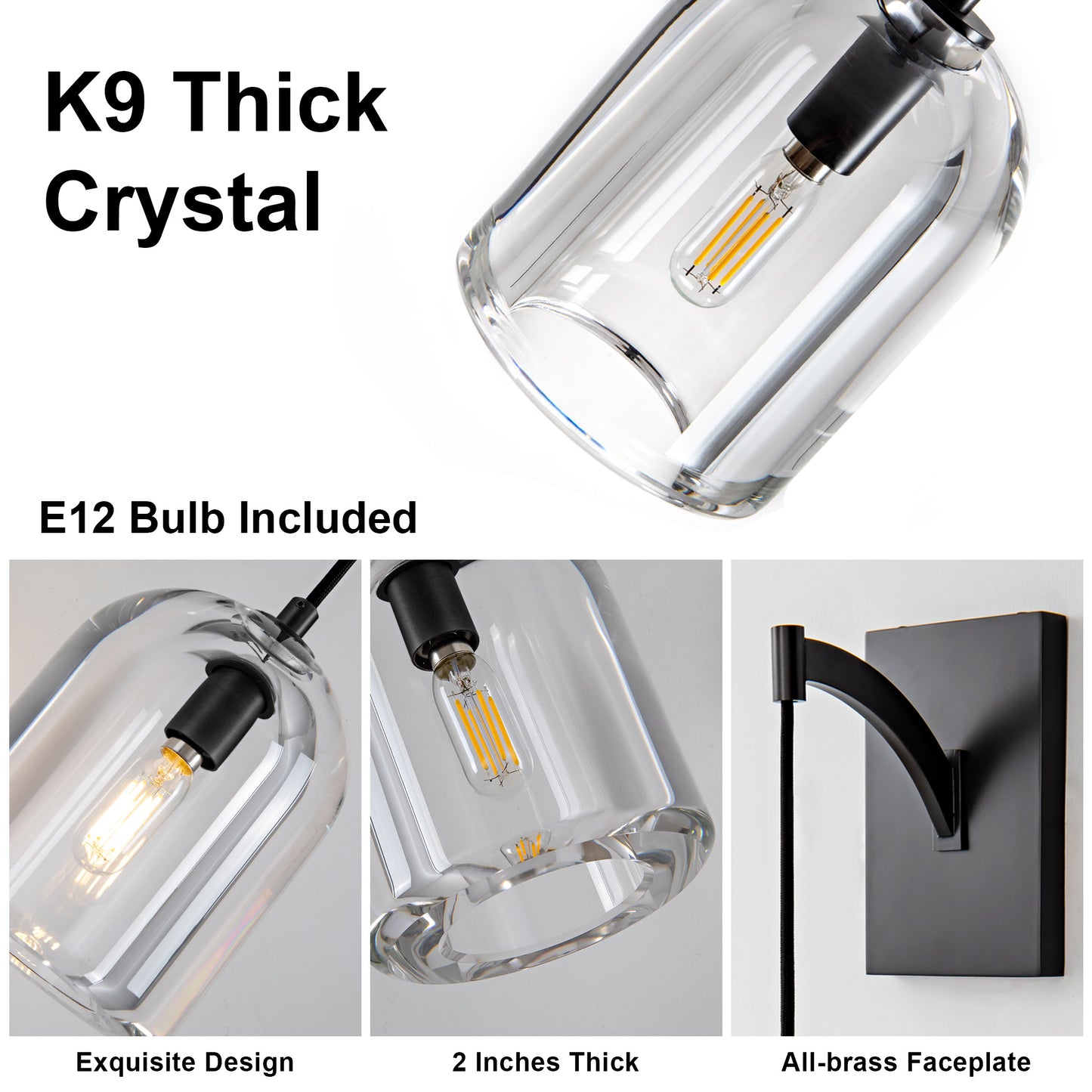 5.1in W 16.5 in. H 1-Light Black Modern Crystal Wall Sconce, Indoor Hemisphere Wall Lighting with Clear Crystal Shade