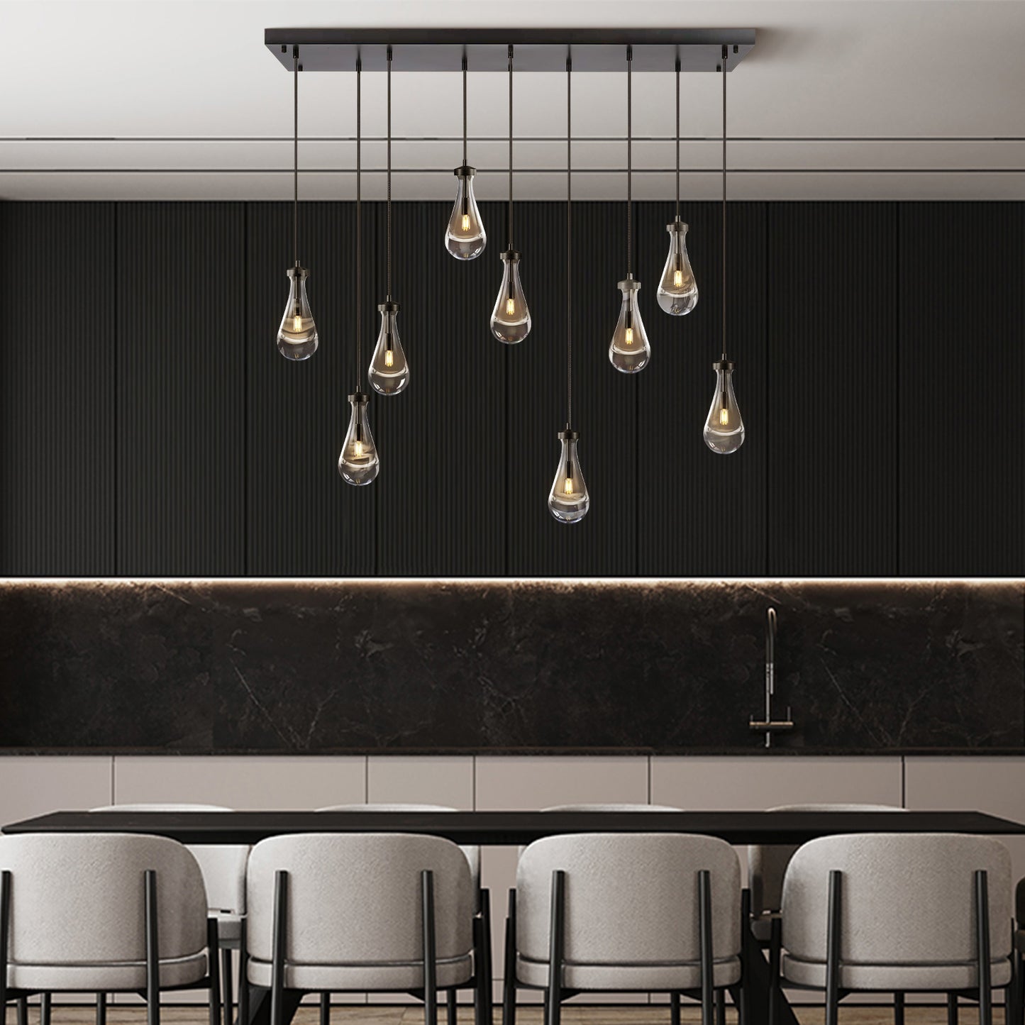 9-Lights Black Raindrop Chandelier, Modern Glass Pendant Light for Living Room, Kitchen Island, Bulb Included
