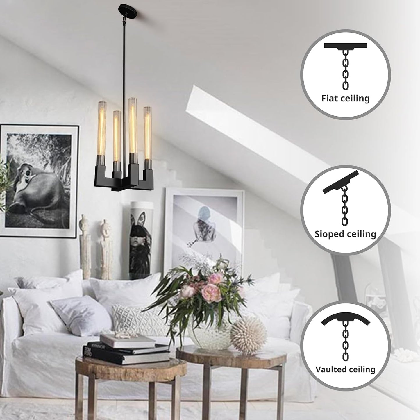 Luxury Pendant Light 12.6 in. 4-Light Black Modern Candle Style Chandelier with Glass Tube Dinning Room Kitchen Island