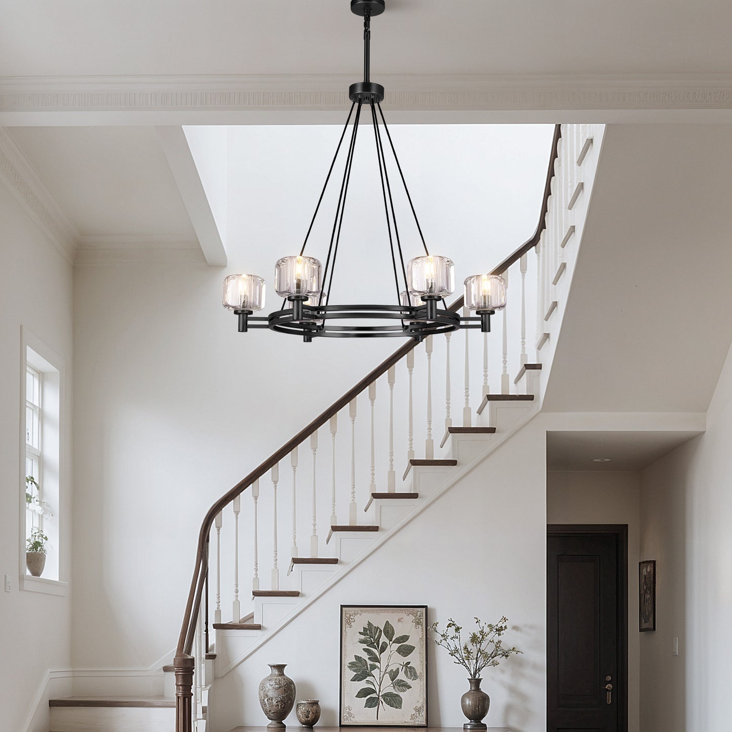36 in. 6-Light Black Farmhouse Wagon Wheel Chandelier with Crystal Lampshade for Dining Room, Living Room Kitchen Island