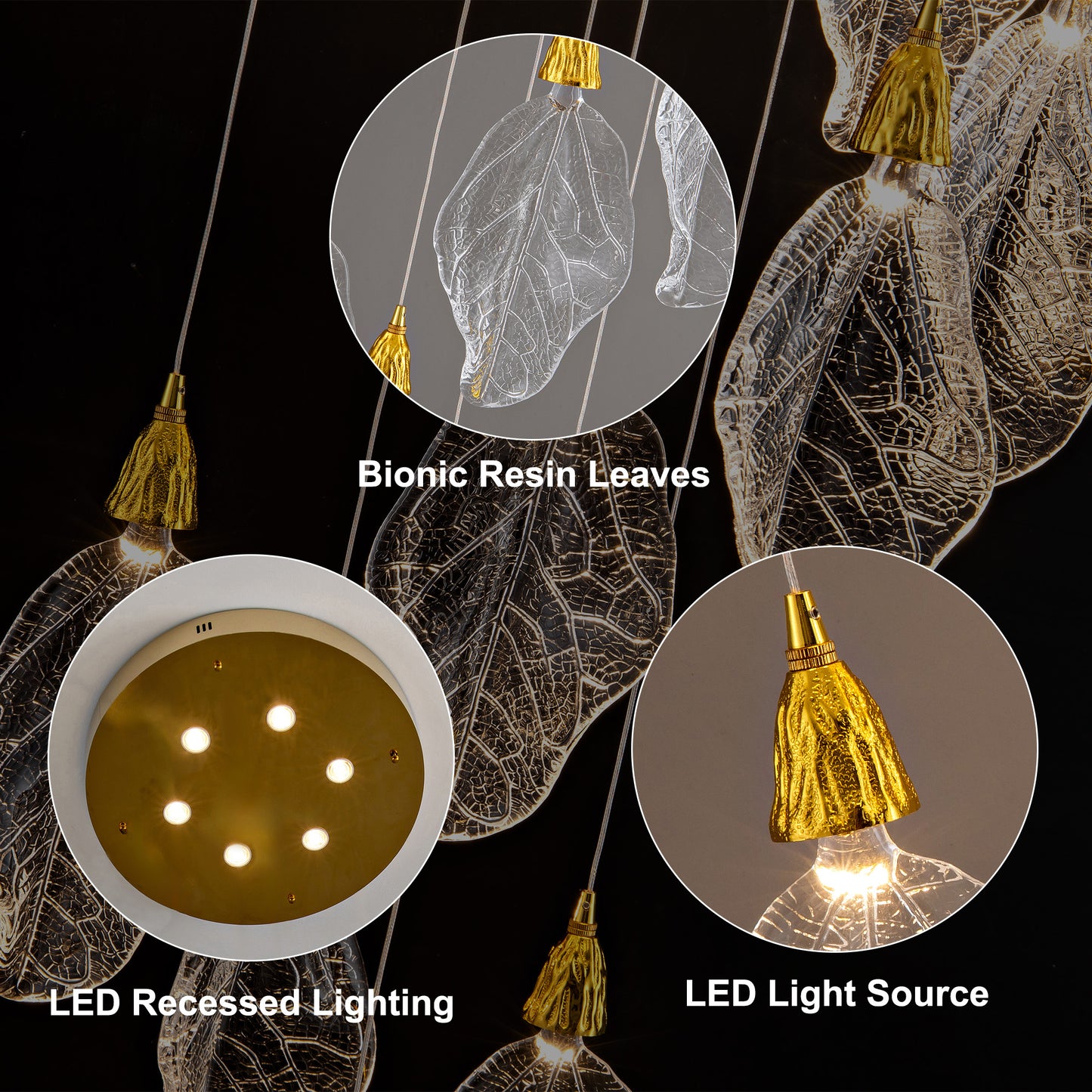 Modern 78 in. H 14-Light Integrated LED Gold Crystal Staircase Chandelier, Bionic Leaf High Ceiling LED Lighting Fixture