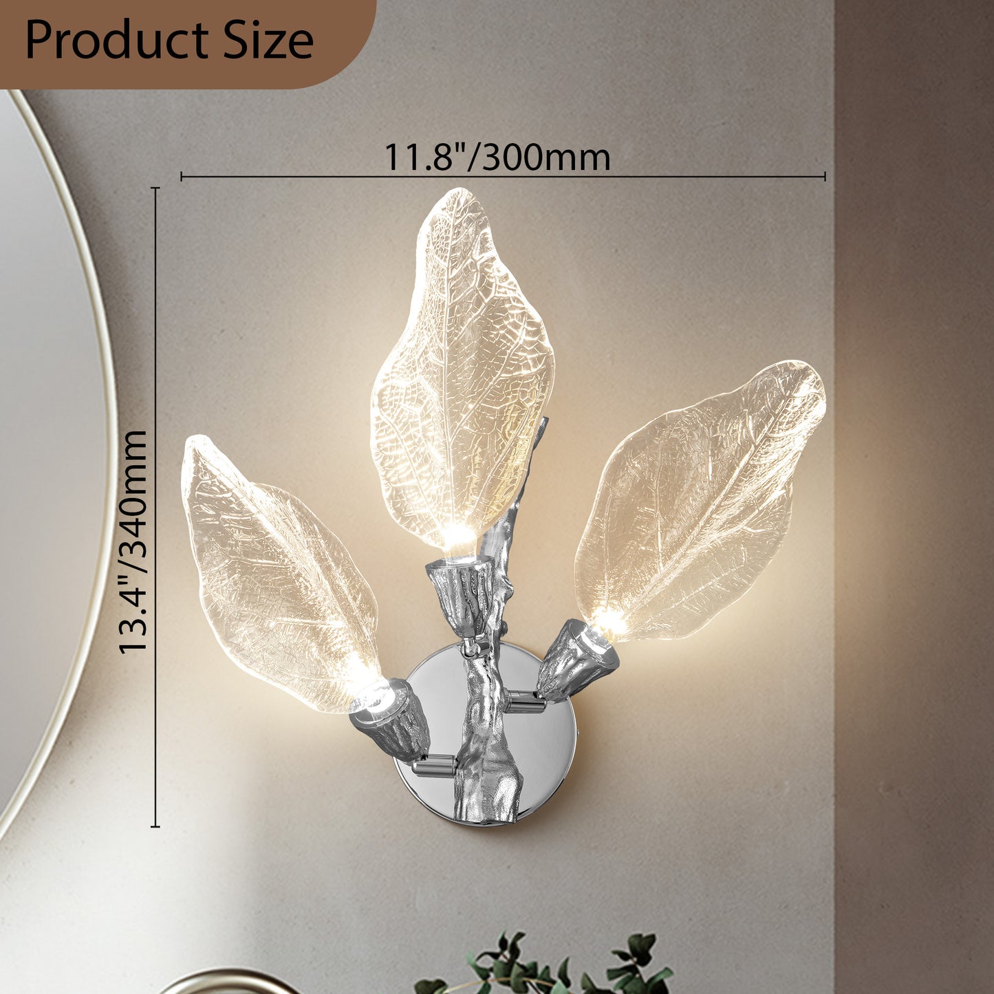 Modern 13.4 in. 3-Light Silver Bionic Leaf Wall Sconce LED Vanity Lighting Fixtures Bathroom Hallway Living Room Stair