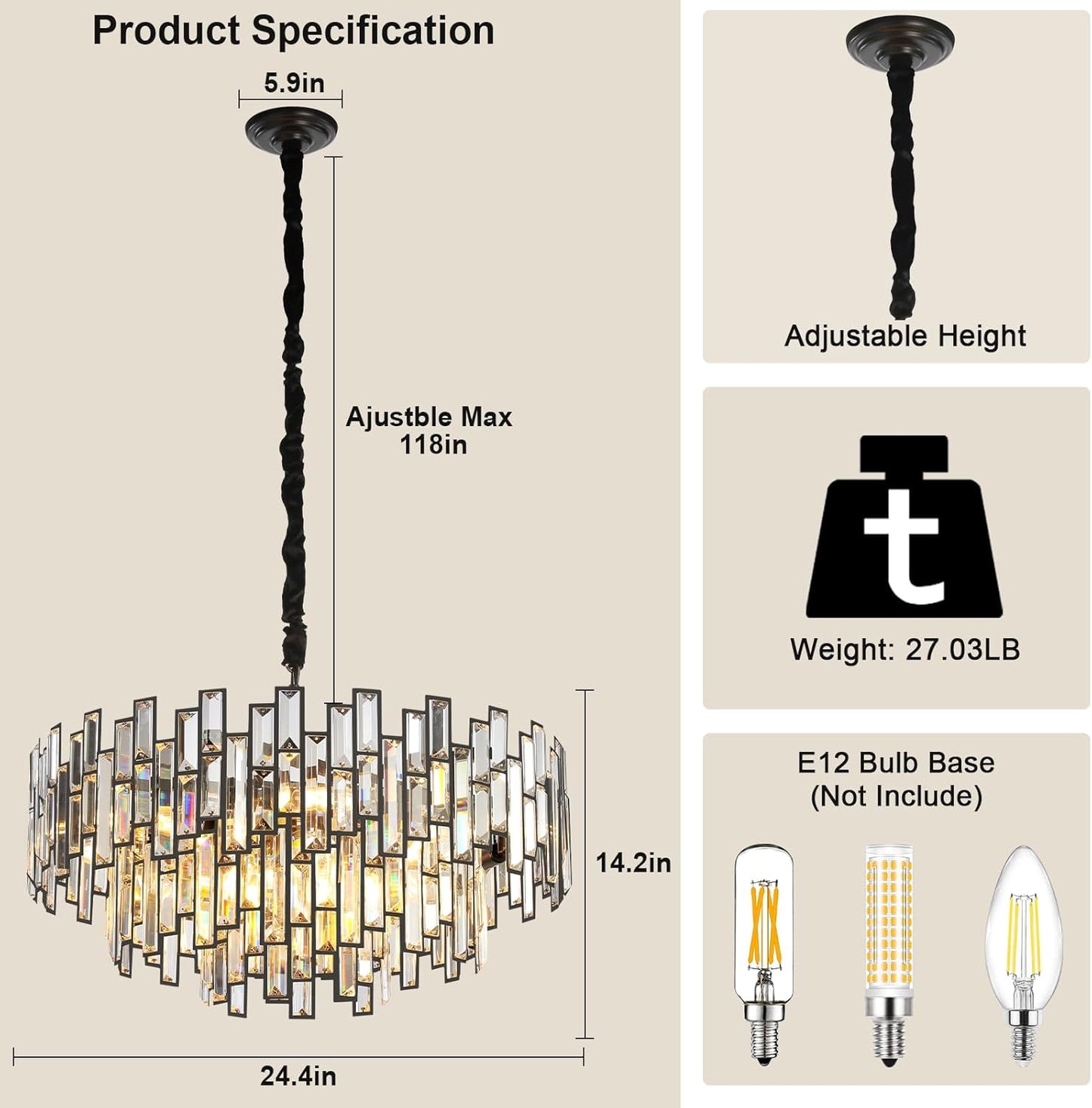 24 in. Modern Chandelier 10-Light 3-Tier Black Round K9 Crystal Chandelier for Dining Room, Living Room Entryway & Foyer