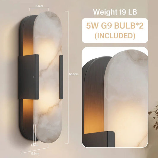 19.8 in. 2-Light Alabaster Black Wall Sconce, Natural Marble Wall Light for Living Room, Dining Room, Bedroom (2-Sets)