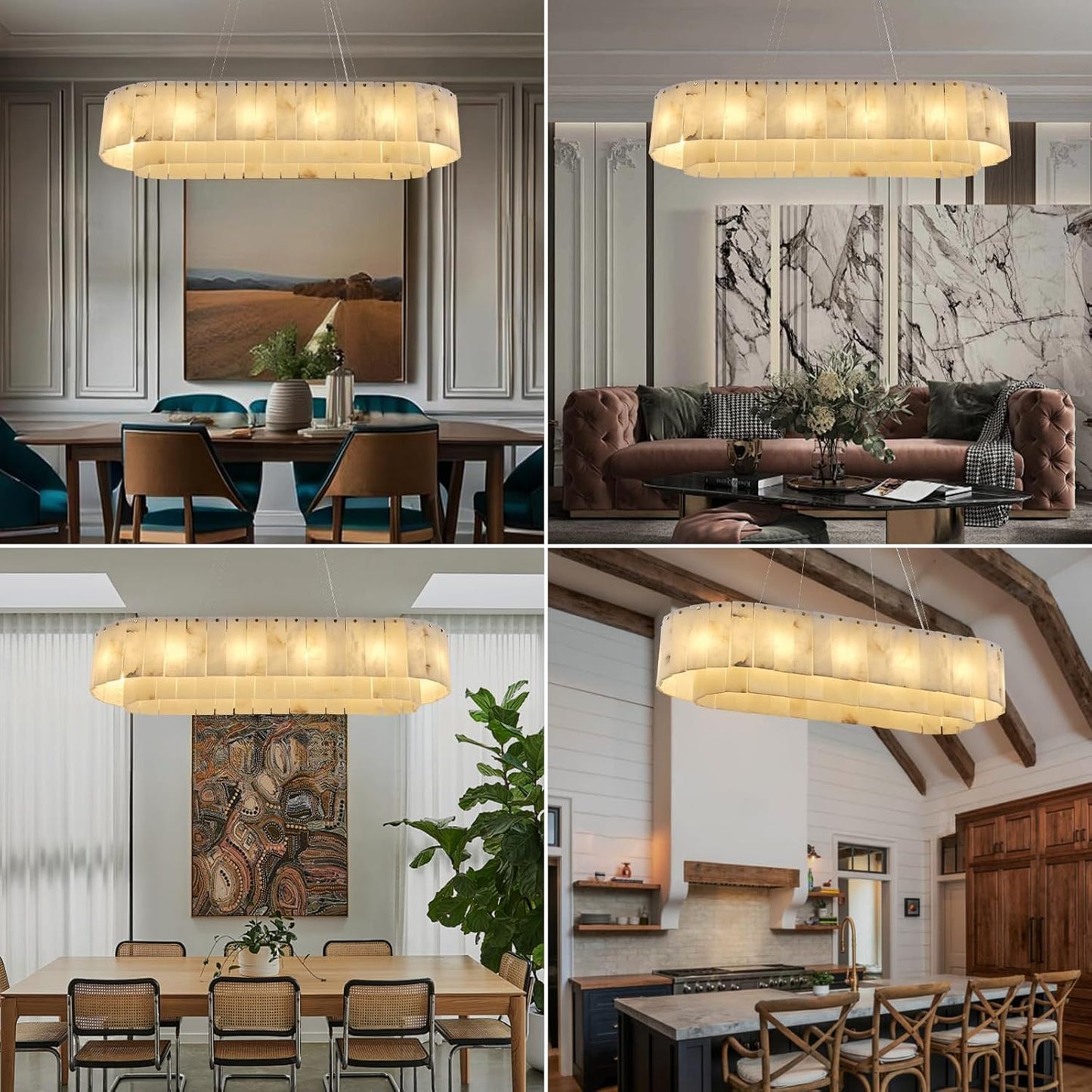 12-Light White Alabaster Chandelier, Adjustable Modern Rectangle Chandelier for Dining Room, Living Room, Kitchen Island