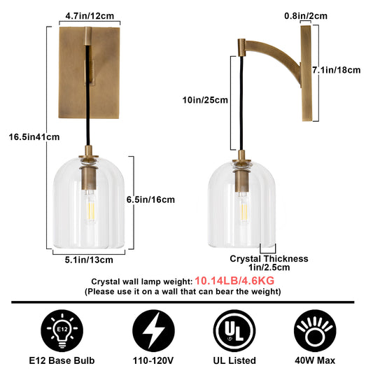 5.1 in. W 16.5 in. H 1-Light Gold Modern Crystal Wall Sconce, Indoor Hemisphere Wall Lighting with Clear Crystal Shade