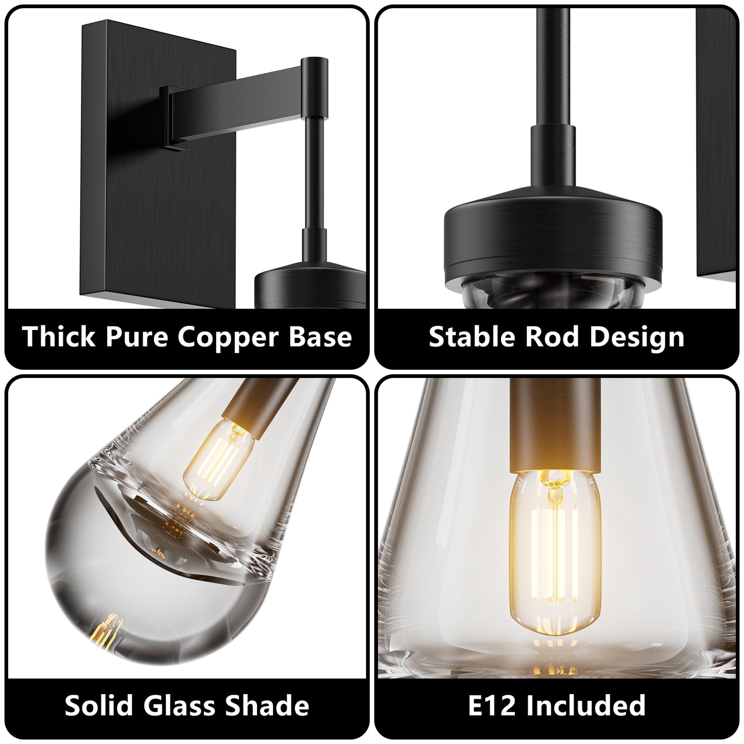 17.7 in. 1-Light Black Wall Sconce, Raindrop Wall Lighting with Hand Blown Solid Glass, Brass Base and Rod (2-Sets)