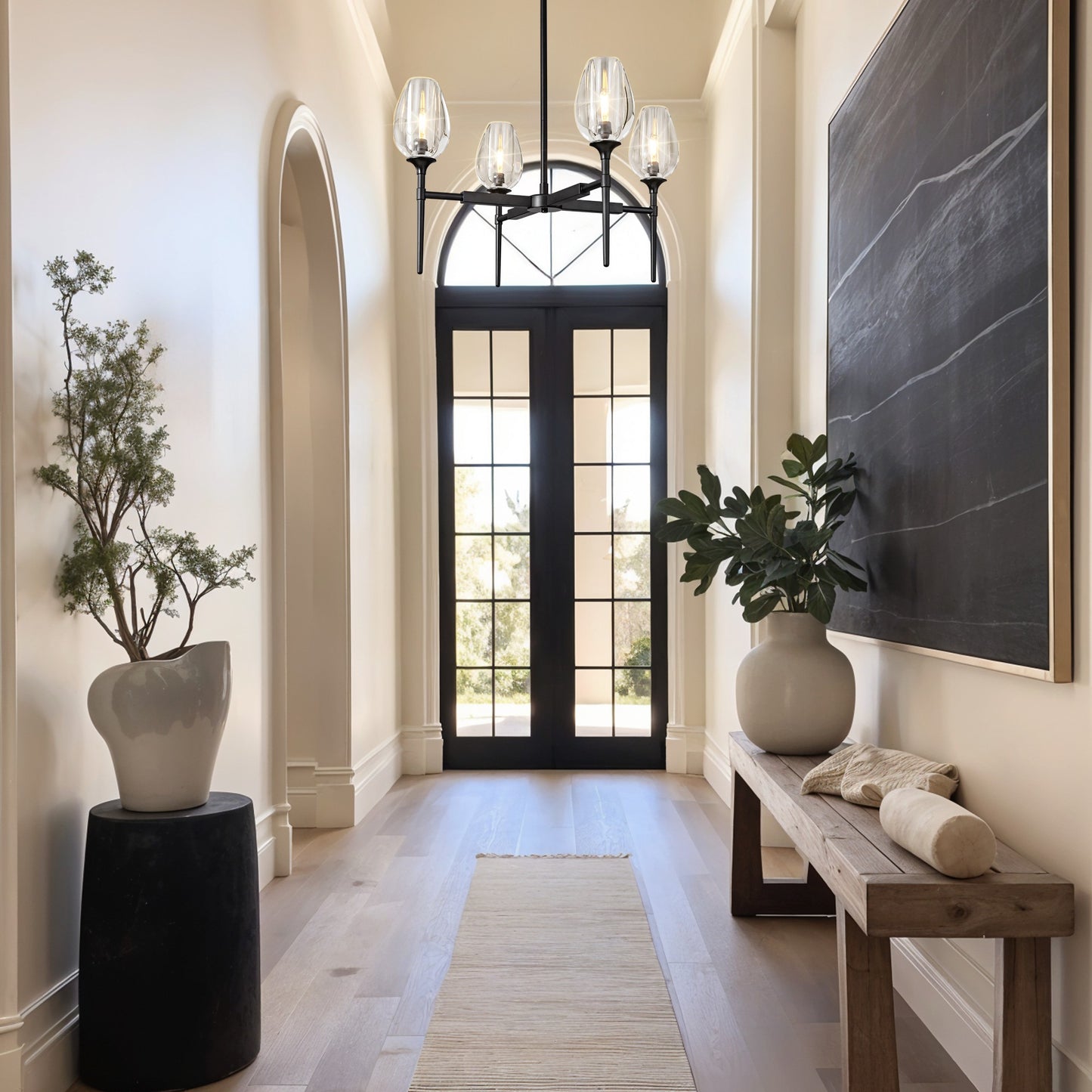 Modern Tulip Chandelier 27 in. 4-Light Black Tulip Round Chandelier for Dining Room, Living Room, Foyer, Hallway