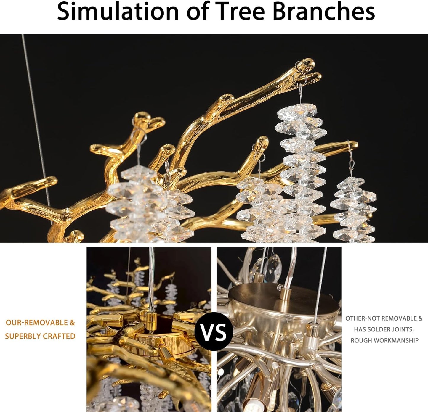 30in. 10-Light Modern Crystal Chandelier, Gold Round Luxury Tree Branch Chandelier for Dining Room, Living Room, Bedroom