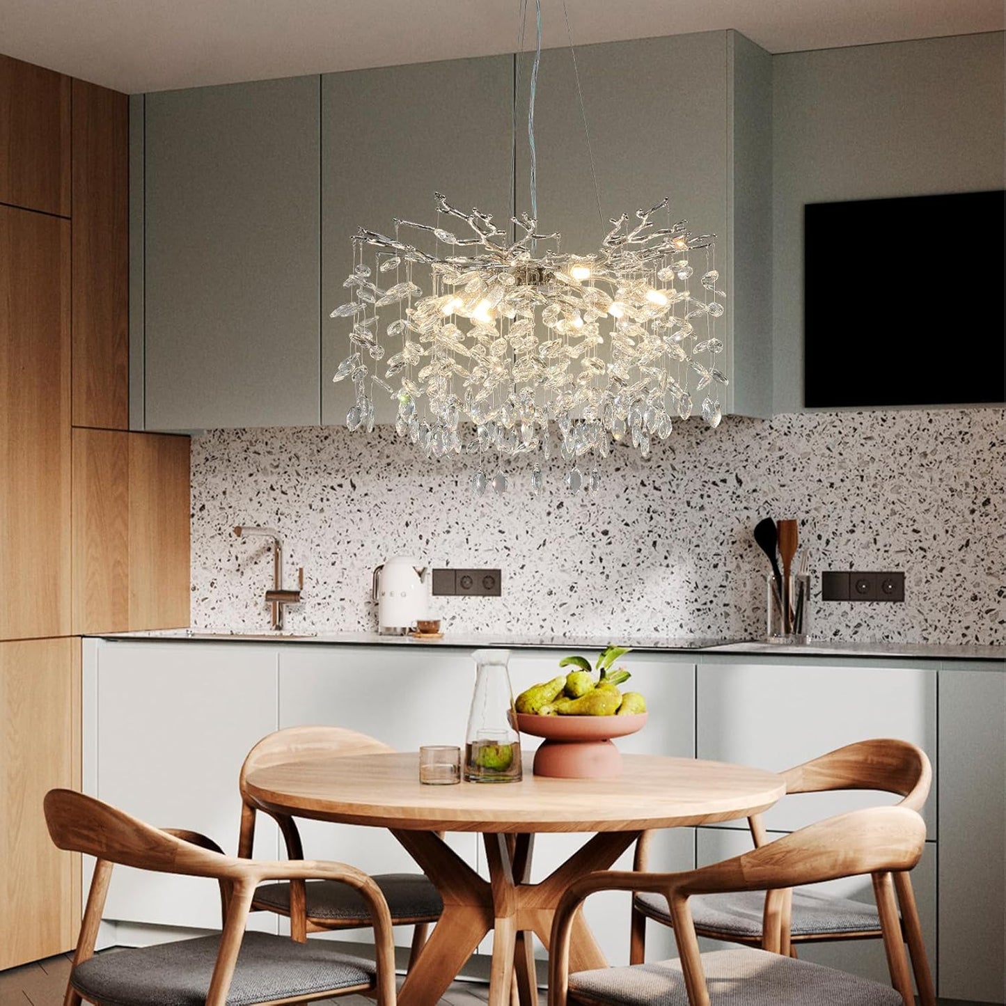 23.6 in. 9-Lights Silver Luxury Crystal Globe Chandelier Modern Branch Chandelier for Dinning Room, Kitchen, Living Room