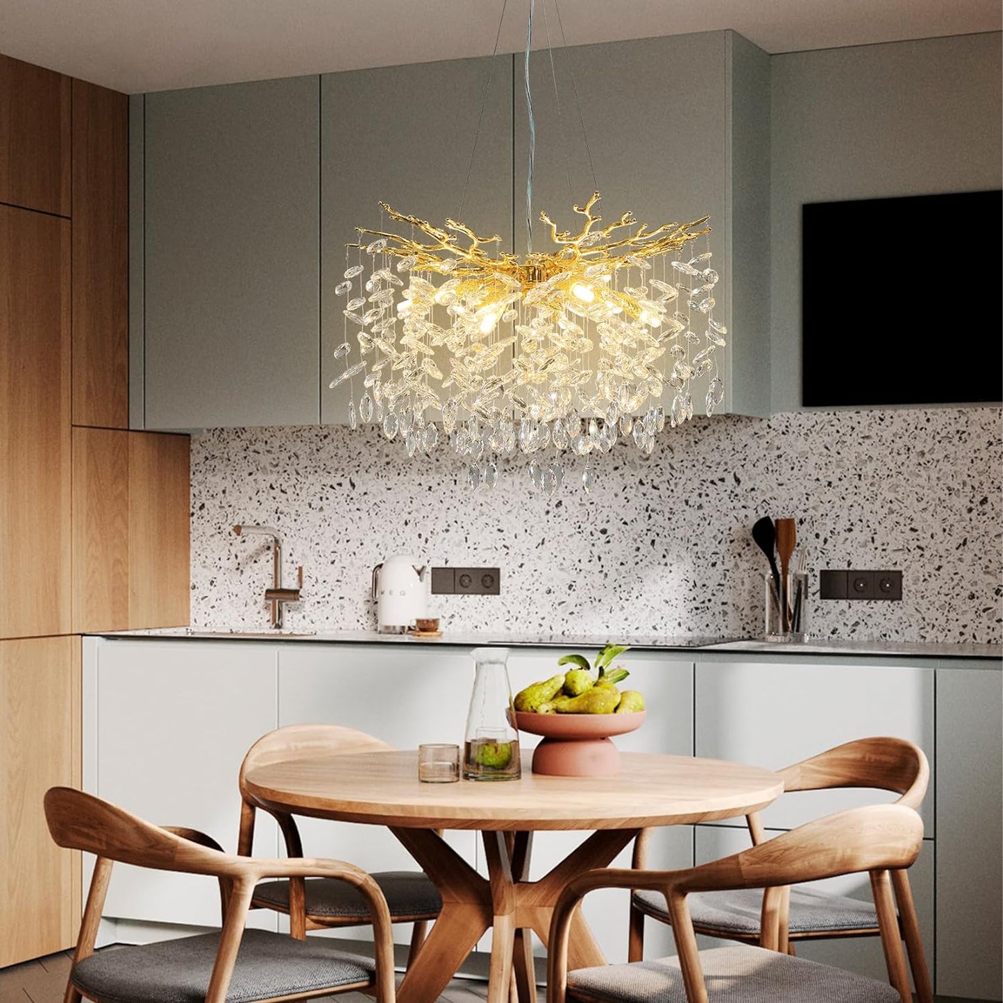 23.6 in. 9-Lights Gold Luxury Crystal Globe Chandelier, Modern Branch Chandelier for Dinning Room, Kitchen, Living Room