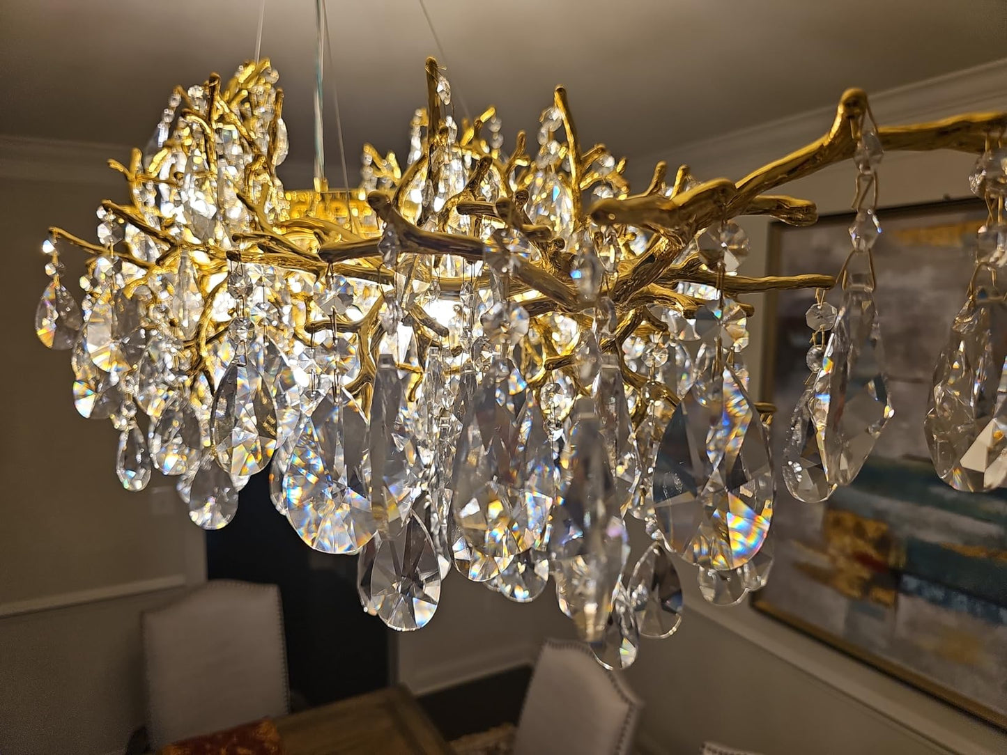 14-Lights Gold Luxury Crystal Linear Chandelier, Modern Tree Branch Chandelier for Dinning Room, Kitchen, Living Room