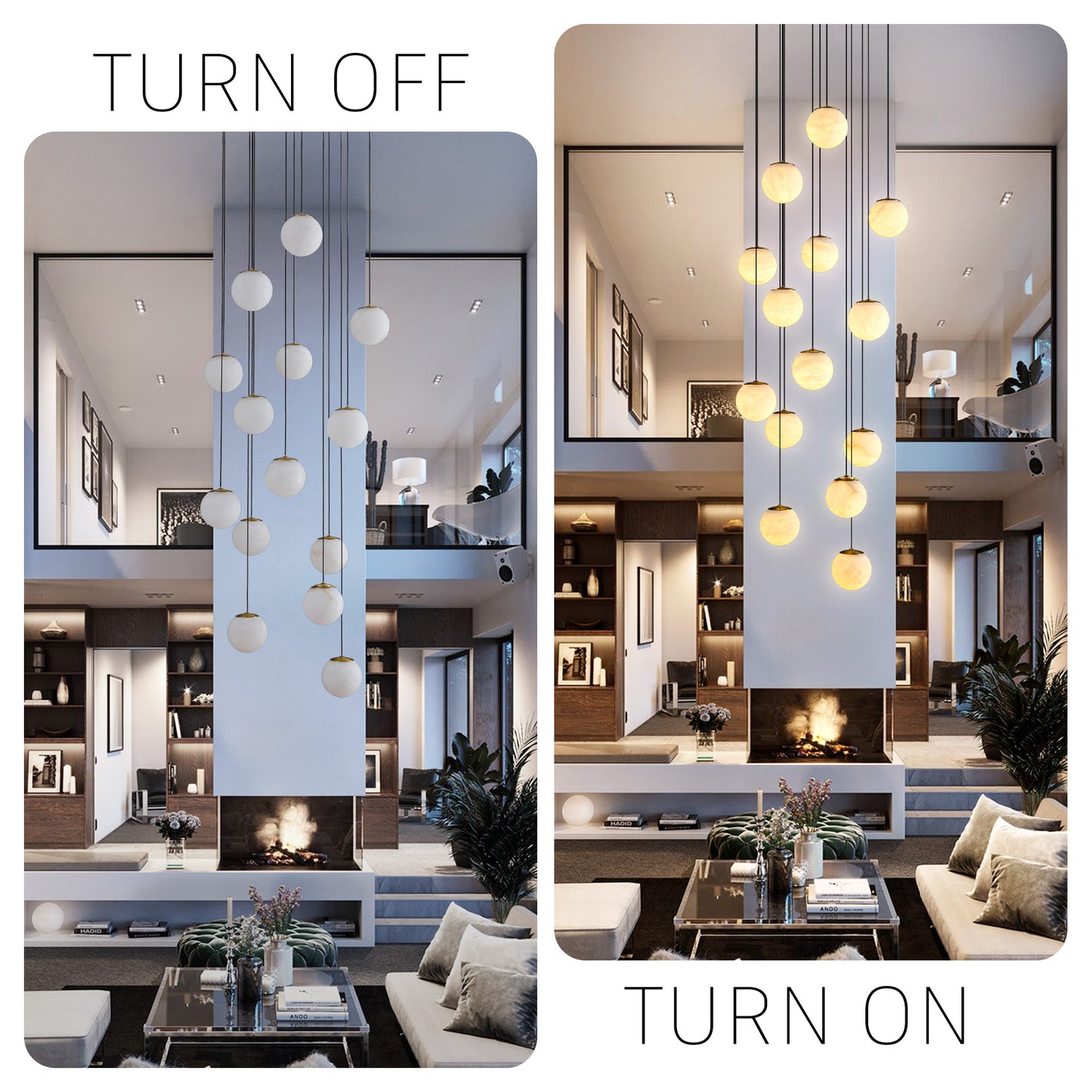 Modern 138 in. H 14-Light Gold Globe Staircase Chandelier, Natural Alabaster Chandelier for High Ceiling, Foyer, Entry