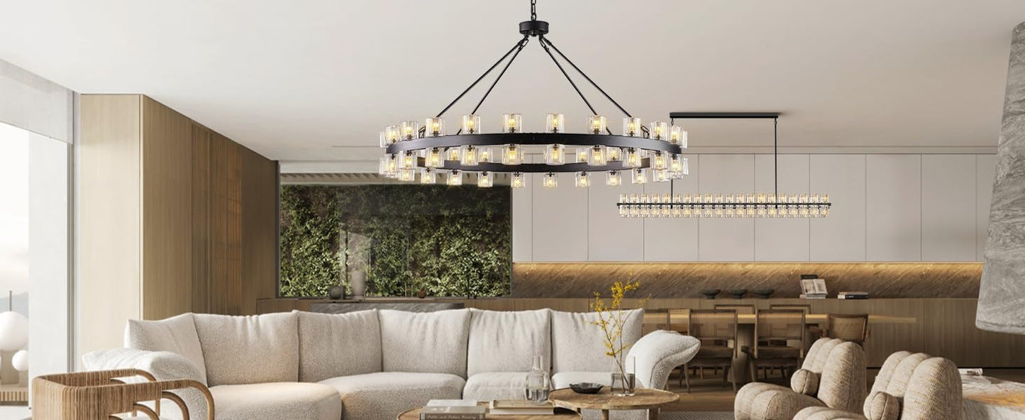 48-Light Black Round Chandelier, 48 in. Modern K9 Crystal Chandelier for Dining Room, Living Room, Foyer