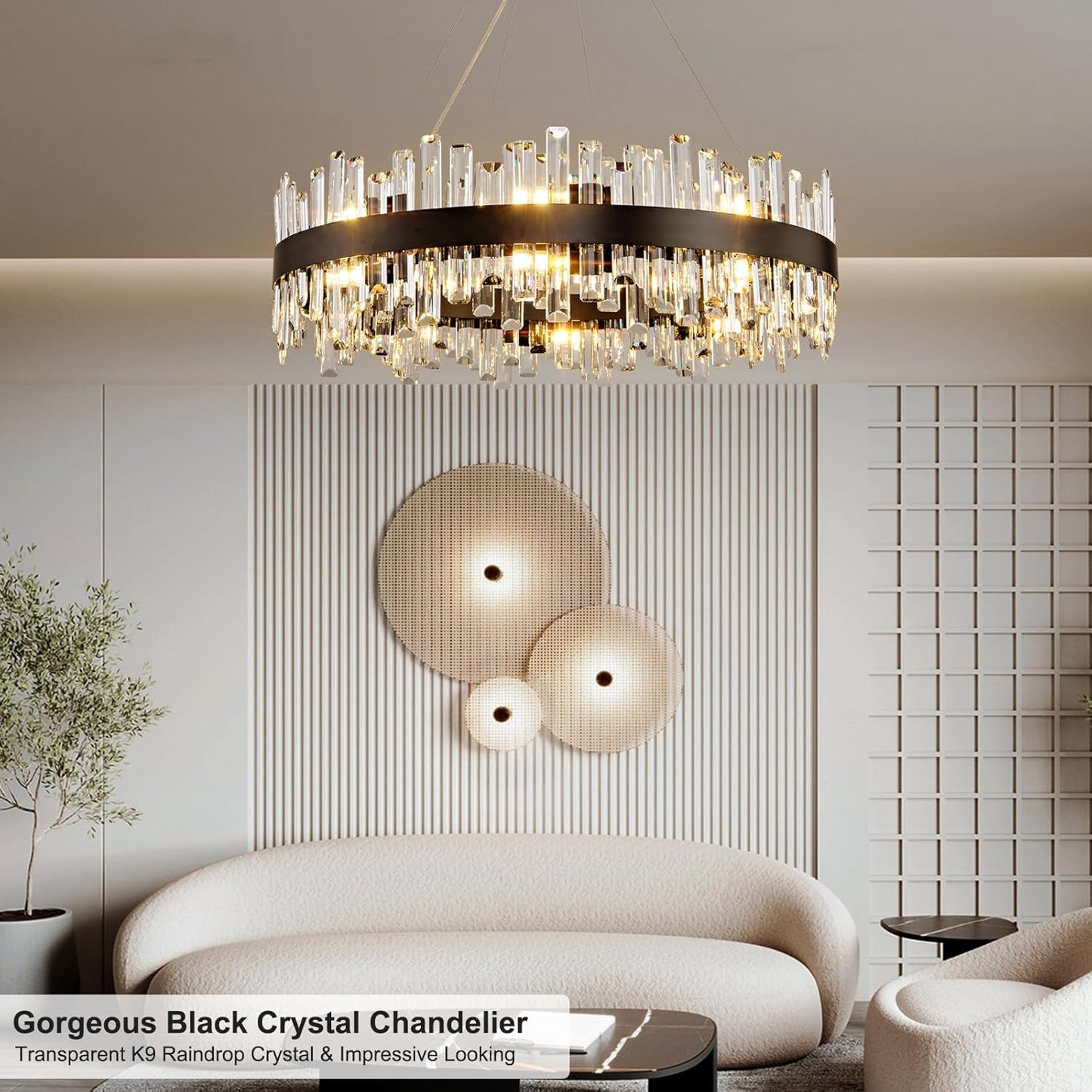31.5 in. 16-Light Black Crystal Chandelier, Modern Round K9 Crystal Hanging Pendant Ceiling Light Fixture