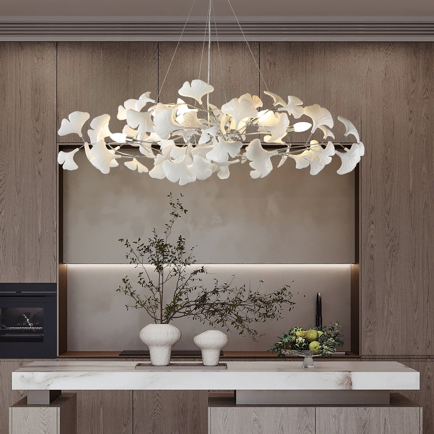 6 Light Silver Chandelier, Luxury Ginkgo Branch Chandelier for Living Room, Dining Room, Foyer, Kitchen Island-L47 in.