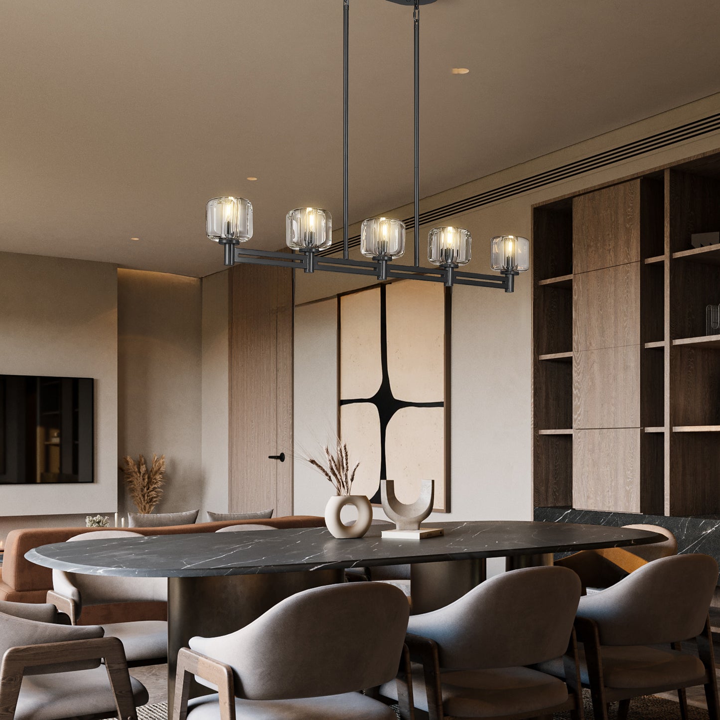 54 in. 5-Light Black Farmhouse Linear Chandelier with Crystal Lampshade for Dining Room, Living Room and Kitchen Island