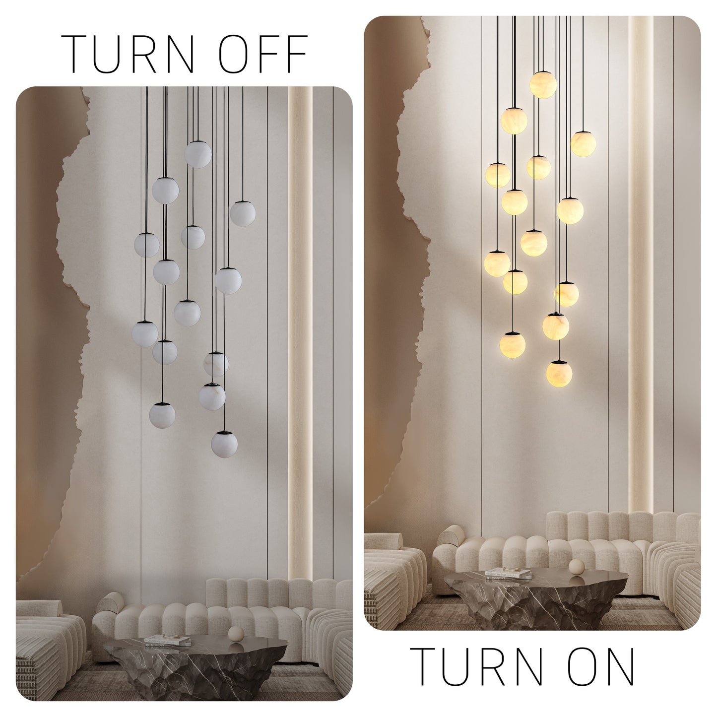 Modern 138 in. H 14-Light Black Globe Staircase Chandelier, Natural Alabaster Chandelier for High Ceiling, Foyer, Entry