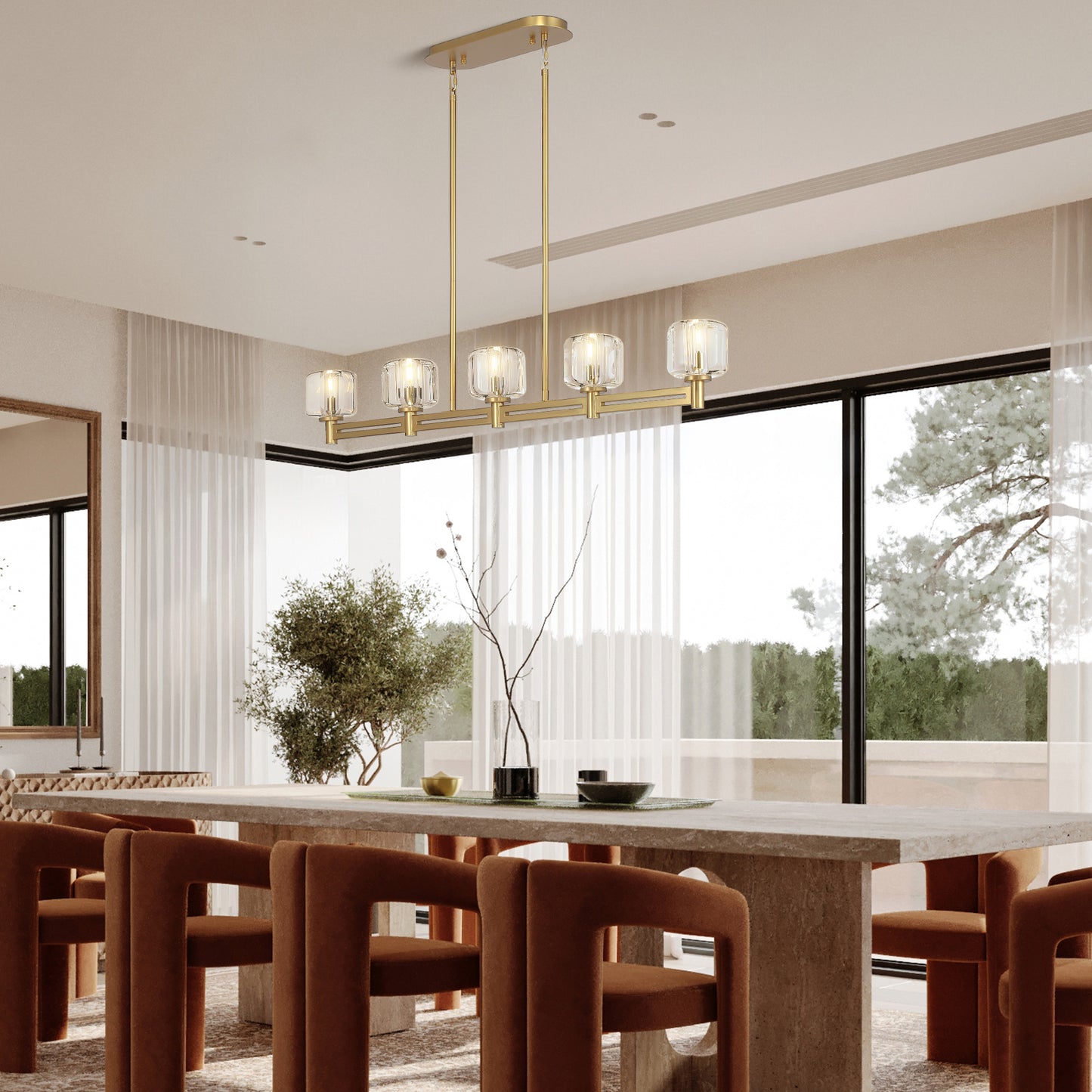 54 in. 5-Light Gold Farmhouse Linear Chandelier with Crystal Lampshade for Dining Room, Living Room and Kitchen Island