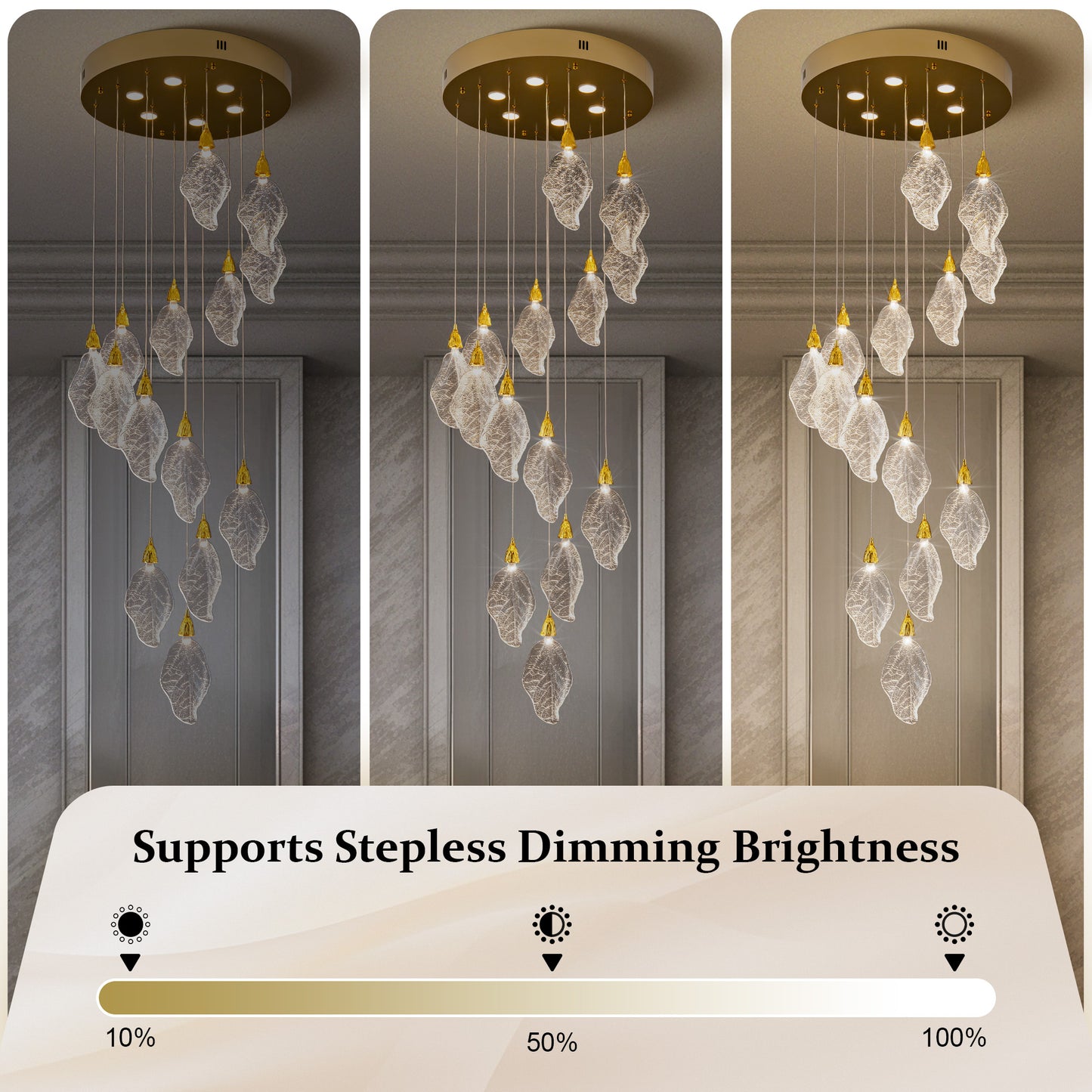 Modern 78 in. H 14-Light Integrated LED Gold Crystal Staircase Chandelier, Bionic Leaf High Ceiling LED Lighting Fixture