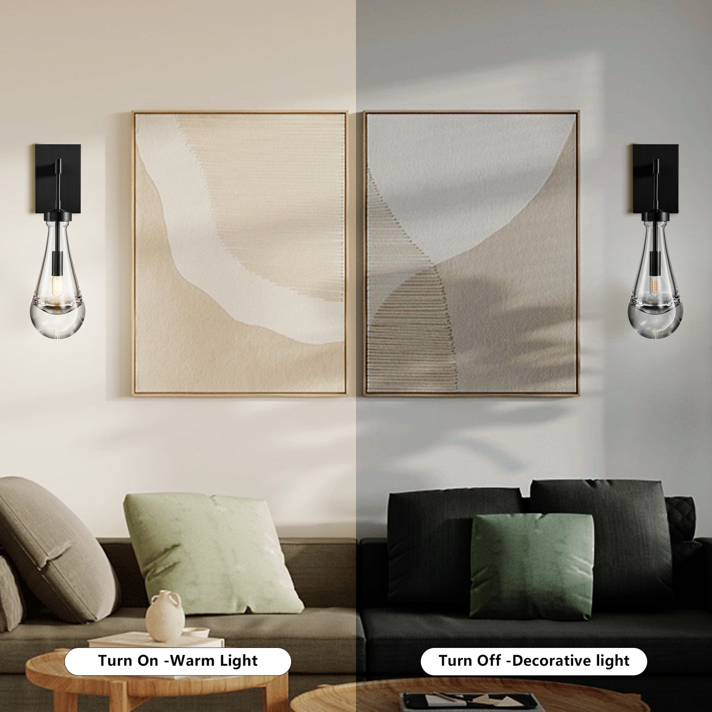 17.7 in. 1-Light Black Wall Sconce, Raindrop Wall Lighting with Hand Blown Solid Glass, Brass Base and Rod (2-Sets)