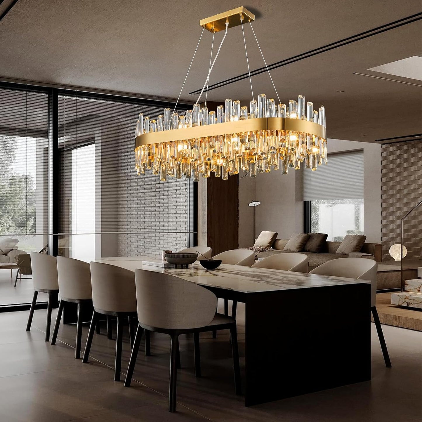 Farmhouse 35.4 in. 16-Light Gold Chandelier, Modern Rectangular K9 Crystal Chandelier for Dining Room, Kitchen Island