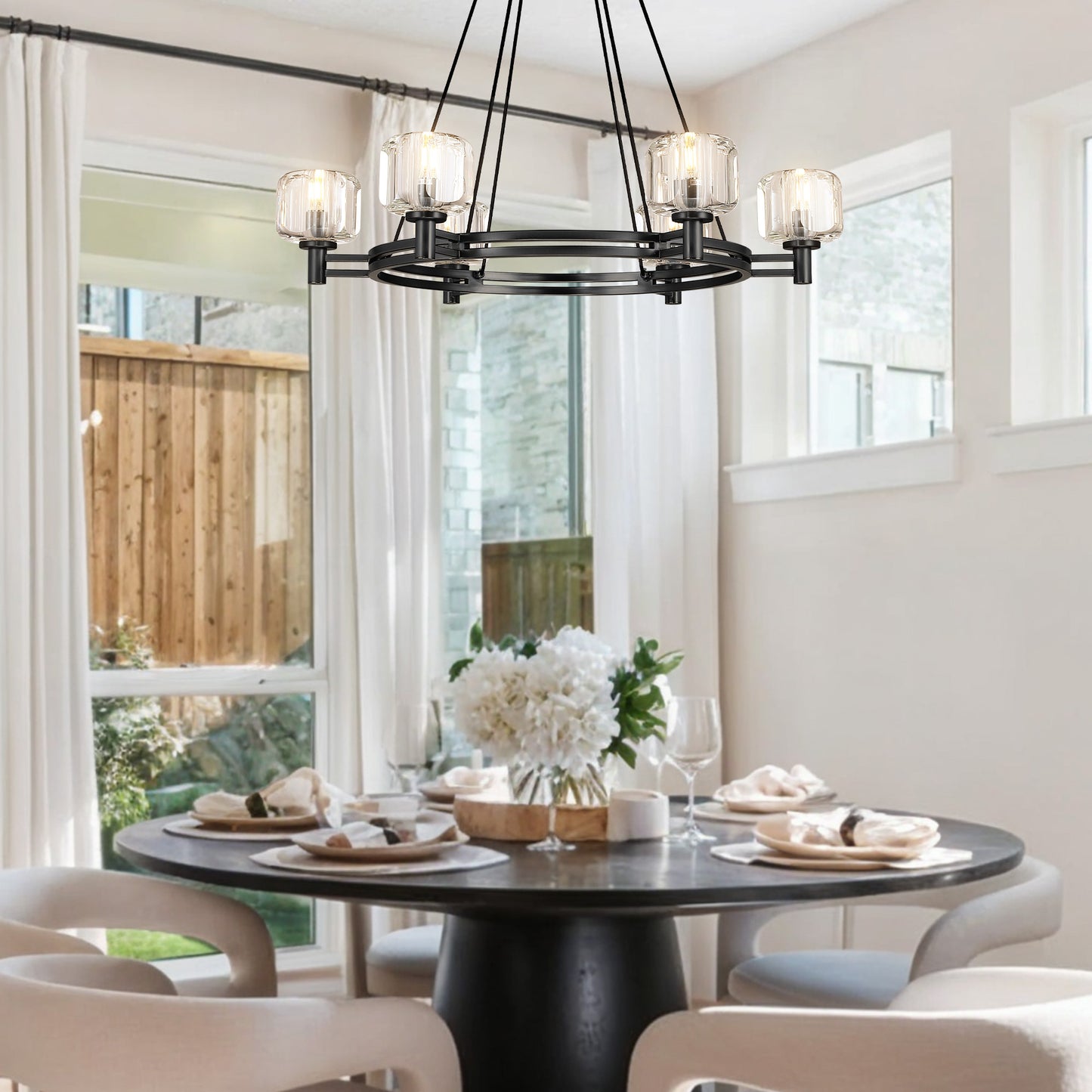 36 in. 6-Light Black Farmhouse Wagon Wheel Chandelier with Crystal Lampshade for Dining Room, Living Room Kitchen Island