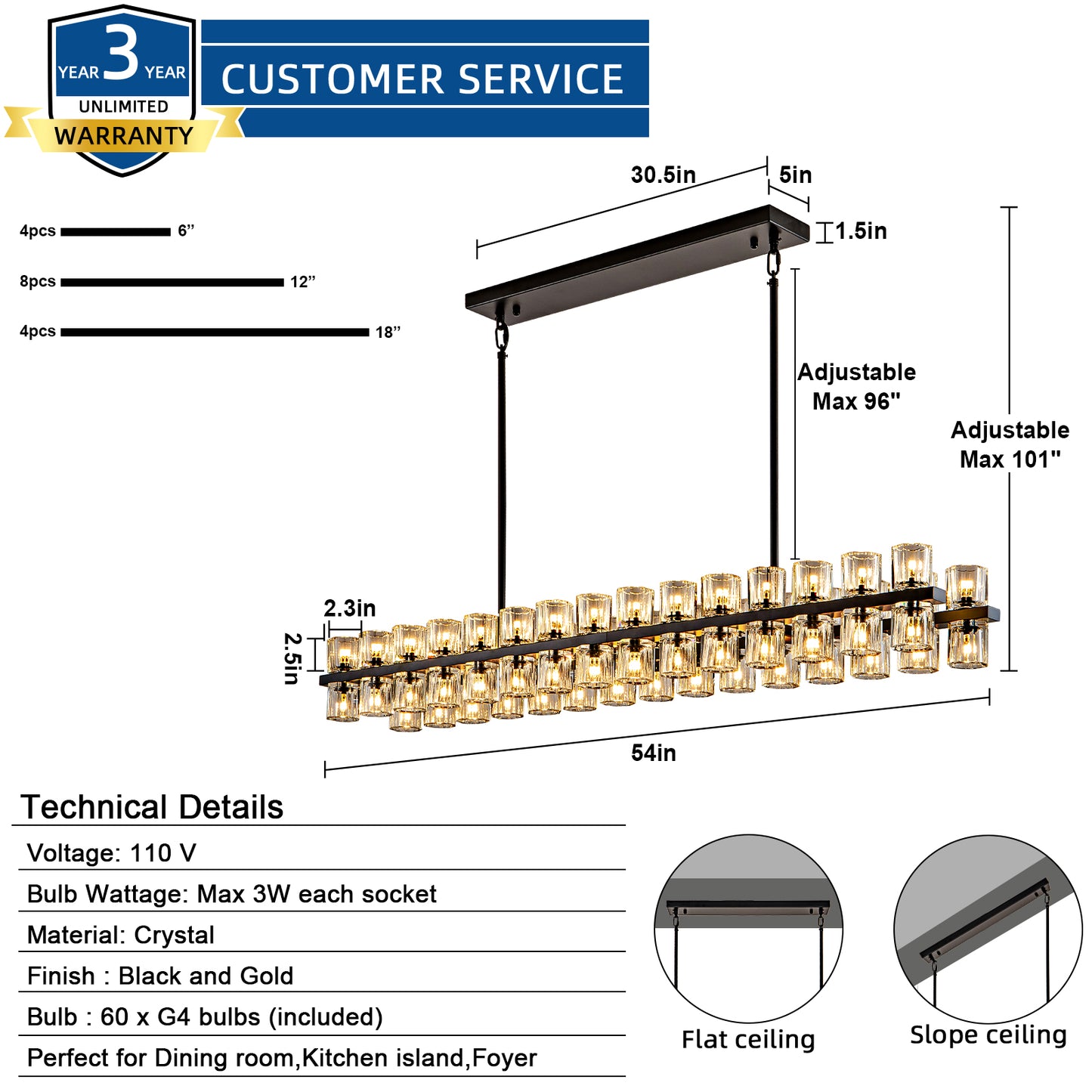 60-Light Black Rectangular Chandelier, 54 in. Modern K9 Crystal Chandelier for Dining Room, Living Room, Foyer