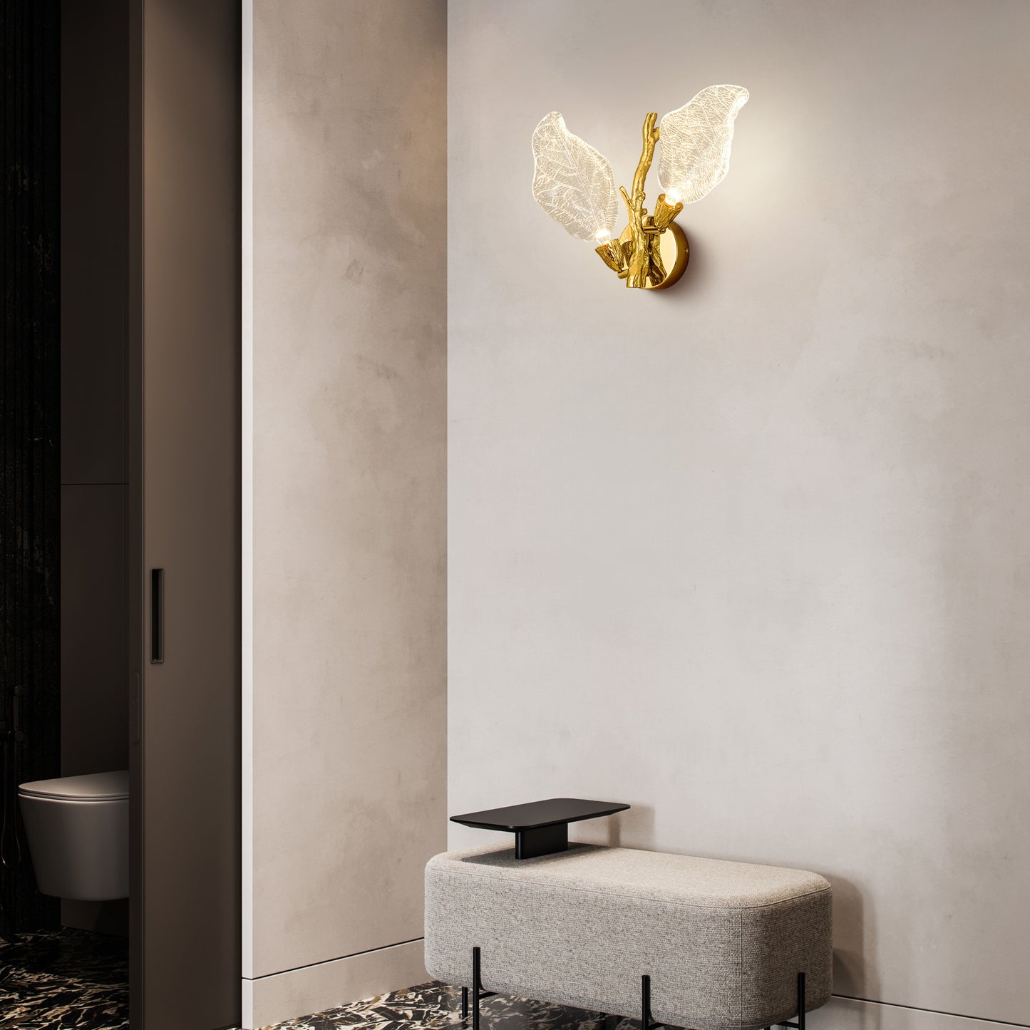 2-Light Gold Bionic Leaf Wall Sconce, LED Vanity Lighting Fixtures for Bathroom Hallway, Living Room, Stairs