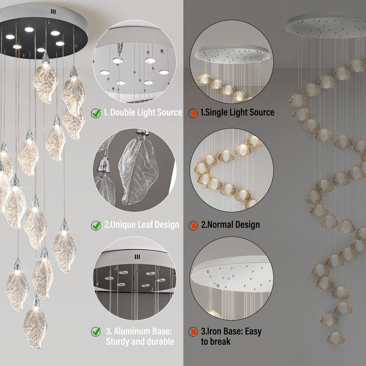 Modern 78 in. H 14Light Integrated LED Silver Crystal Staircase Chandelier Bionic Leaf High Ceiling LED Lighting Fixture