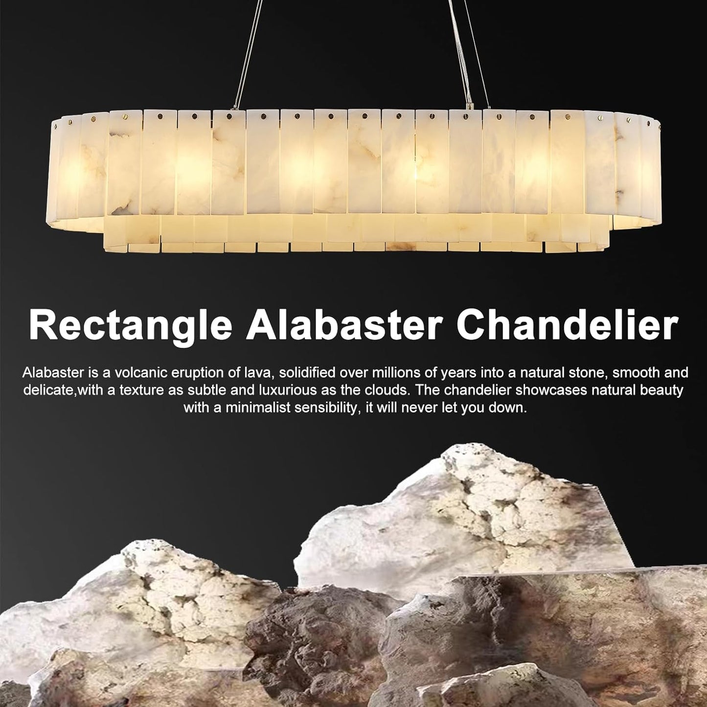 12-Light White Alabaster Chandelier, Adjustable Modern Rectangle Chandelier for Dining Room, Living Room, Kitchen Island