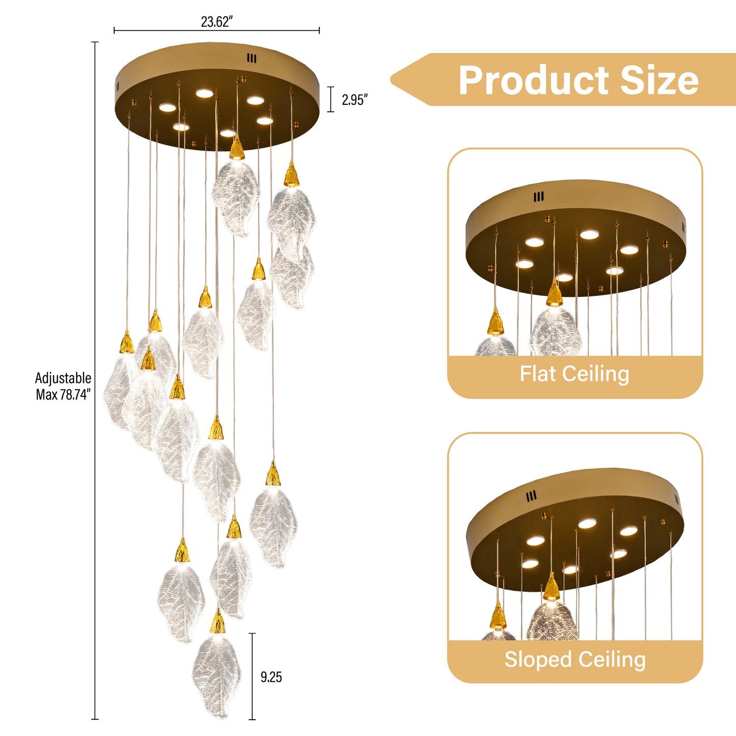 Modern 78 in. H 14-Light Integrated LED Gold Crystal Staircase Chandelier, Bionic Leaf High Ceiling LED Lighting Fixture