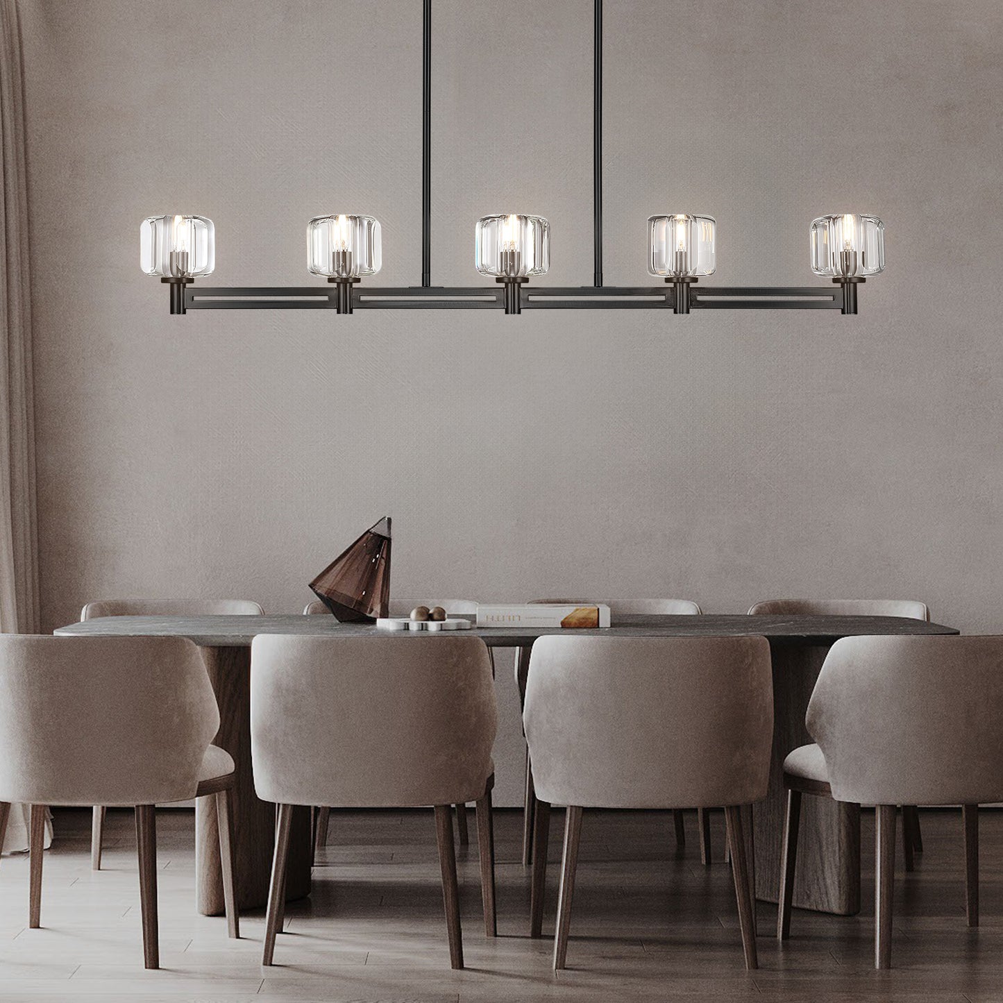 54 in. 5-Light Black Farmhouse Linear Chandelier with Crystal Lampshade for Dining Room, Living Room and Kitchen Island