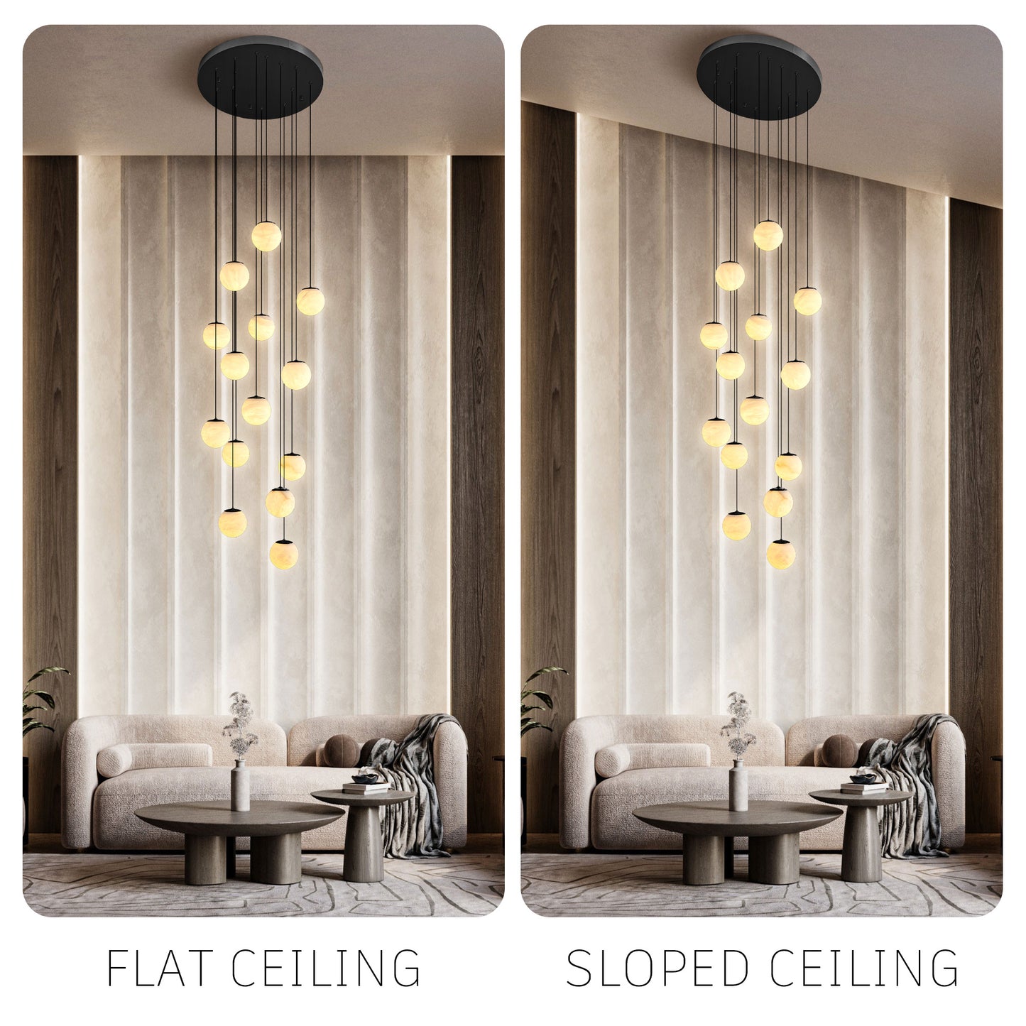 Modern 138 in. H 14-Light Black Globe Staircase Chandelier, Natural Alabaster Chandelier for High Ceiling, Foyer, Entry