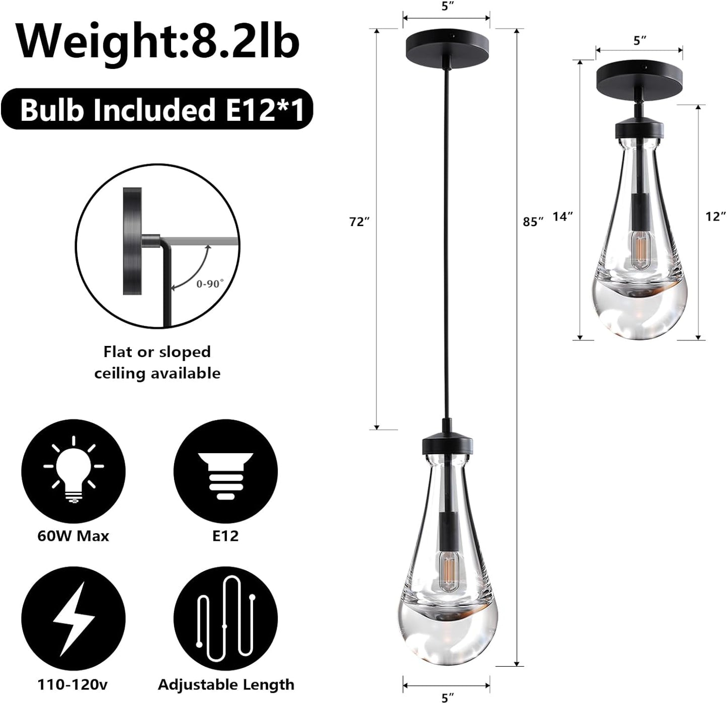 1-Light Modern Black Chandelier, Pendant Light Kitchen Island with Raindrop Glass Shade, (1-Set)