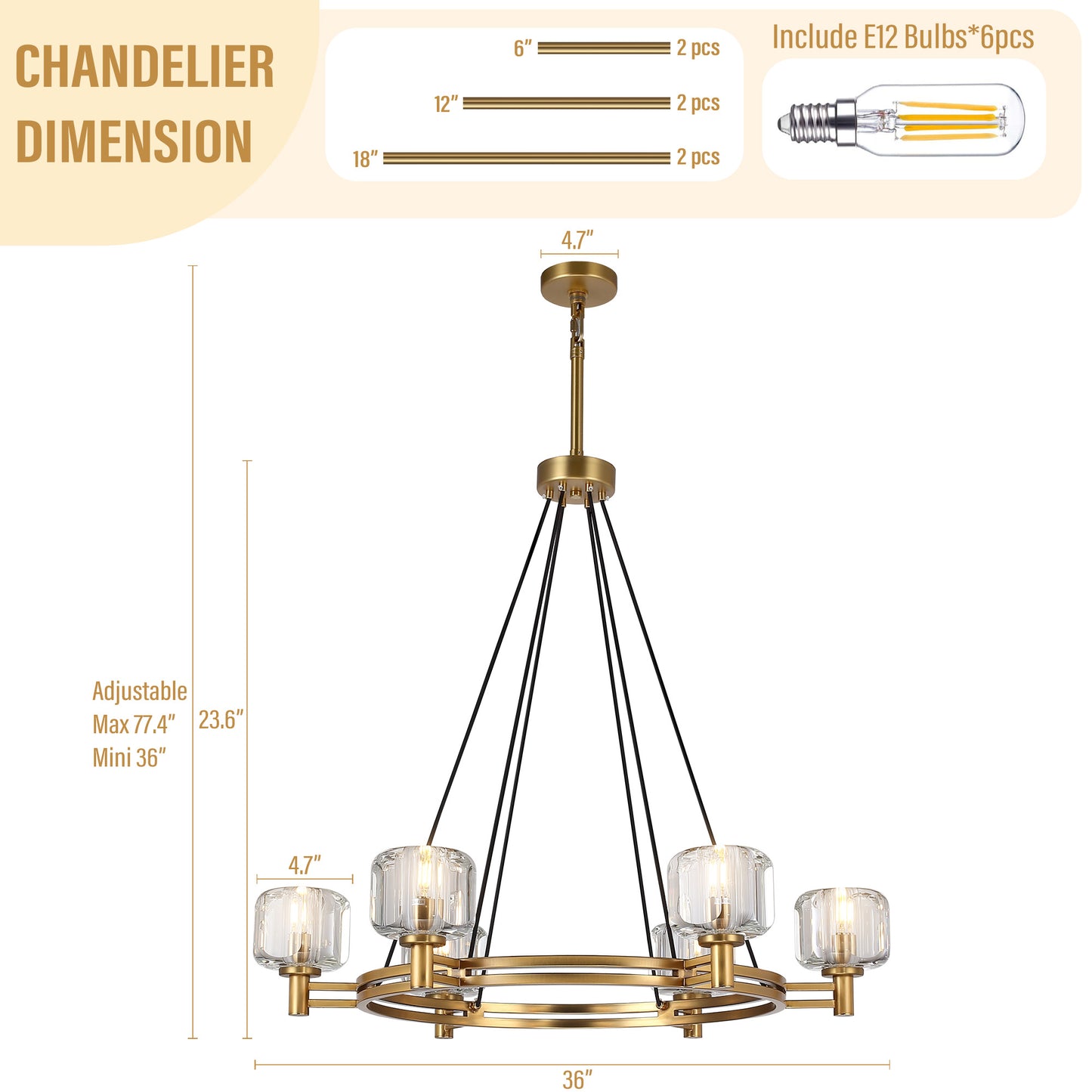 36 in. 6-Light Gold Farmhouse Wagon Wheel Chandelier with Crystal Lampshade for Dining Room, Living Room, Kitchen Island