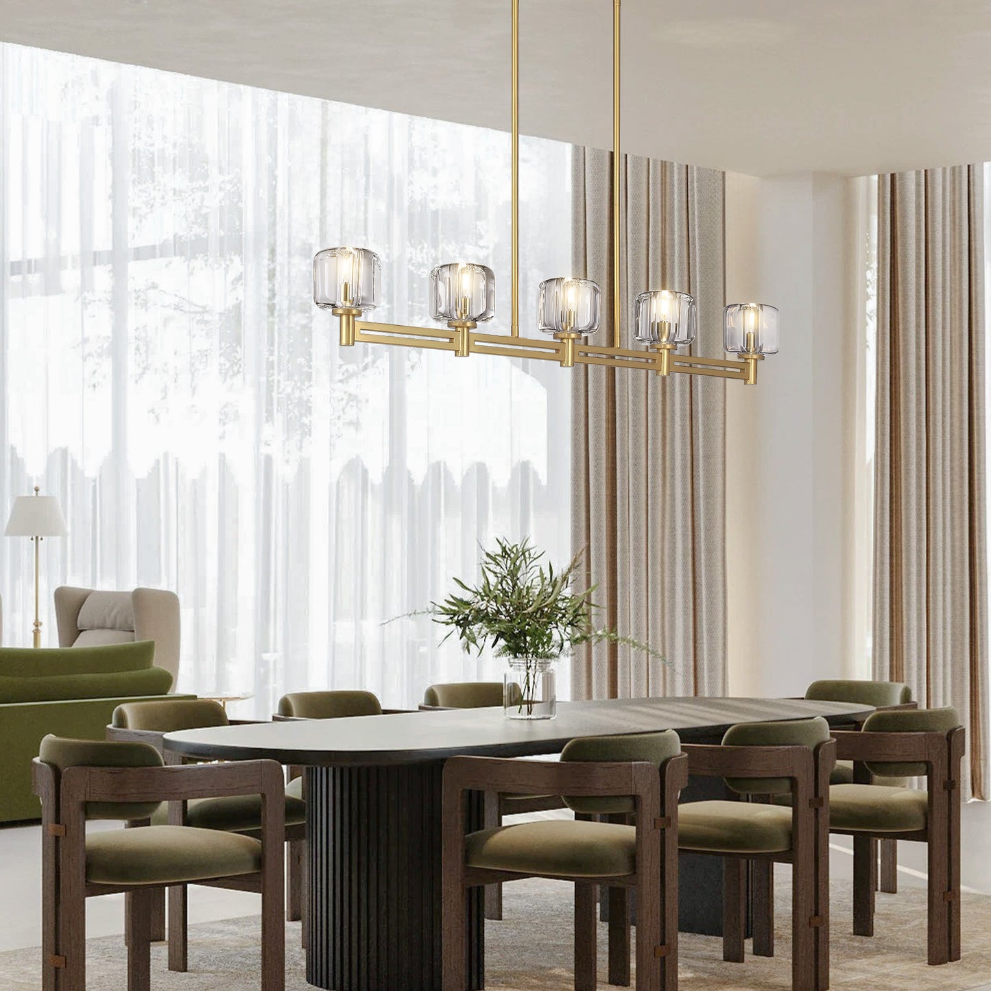 54 in. 5-Light Gold Farmhouse Linear Chandelier with Crystal Lampshade for Dining Room, Living Room and Kitchen Island