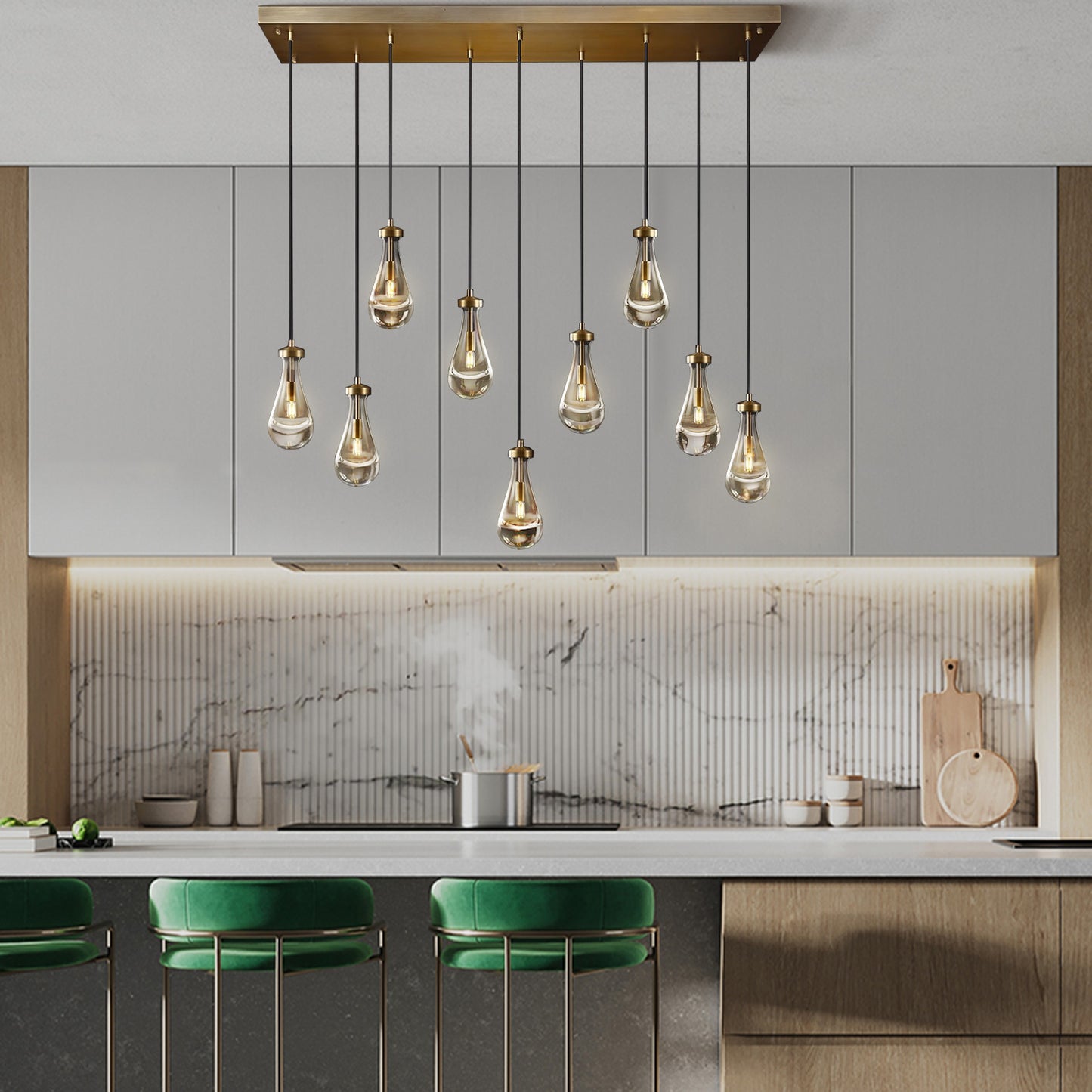9-Light Gold Raindrop Chandelier, Modern Glass Pendant Light for Living Room, Kitchen Island, Bulb Included
