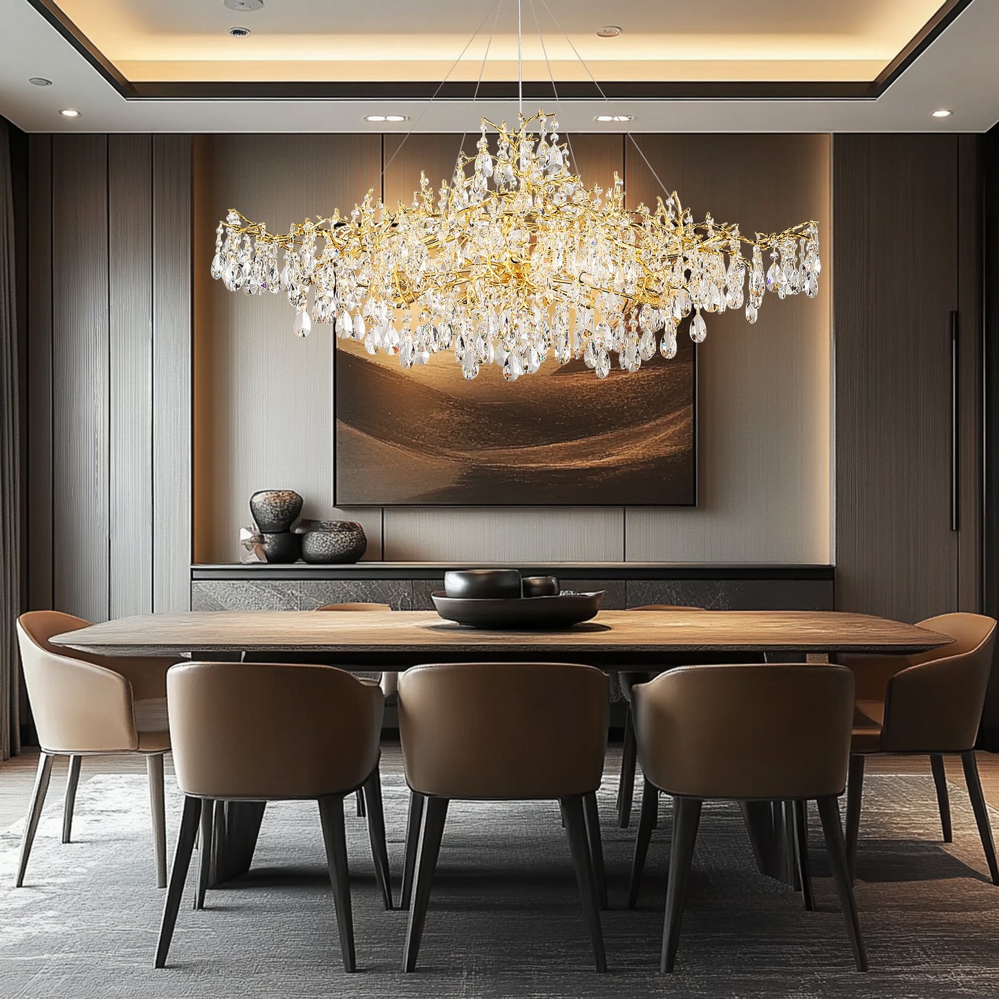 14-Lights Gold Luxury Crystal Linear Chandelier, Modern Tree Branch Chandelier for Dinning Room, Kitchen, Living Room