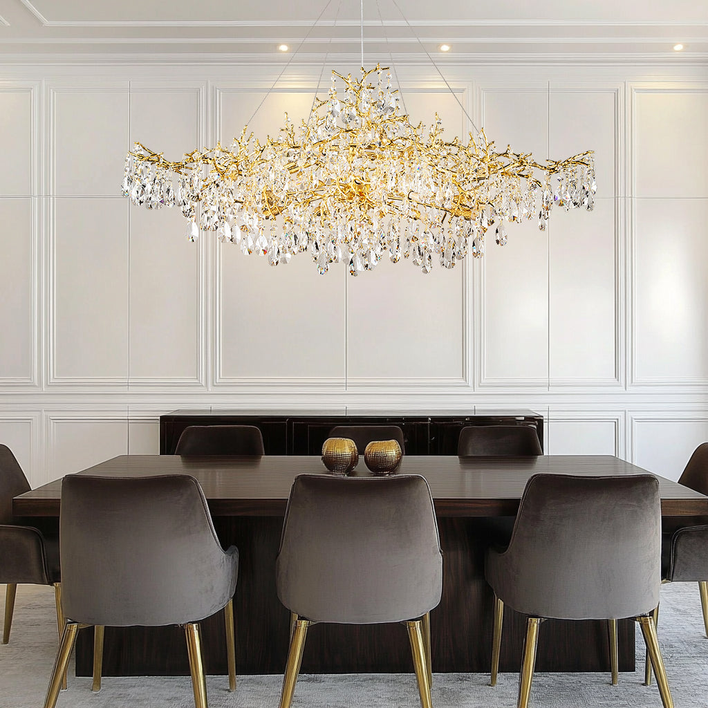 14-Lights Gold Luxury Crystal Linear Chandelier, Modern Tree Branch Chandelier for Dinning Room, Kitchen, Living Room