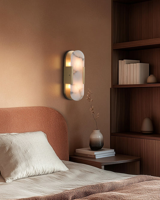 14 in. 2-Lights Gold LED Wall Sconce, Natural Alabaster Modern Wall Light for Bedroom, Bathroom, Living Room(Set of 1)