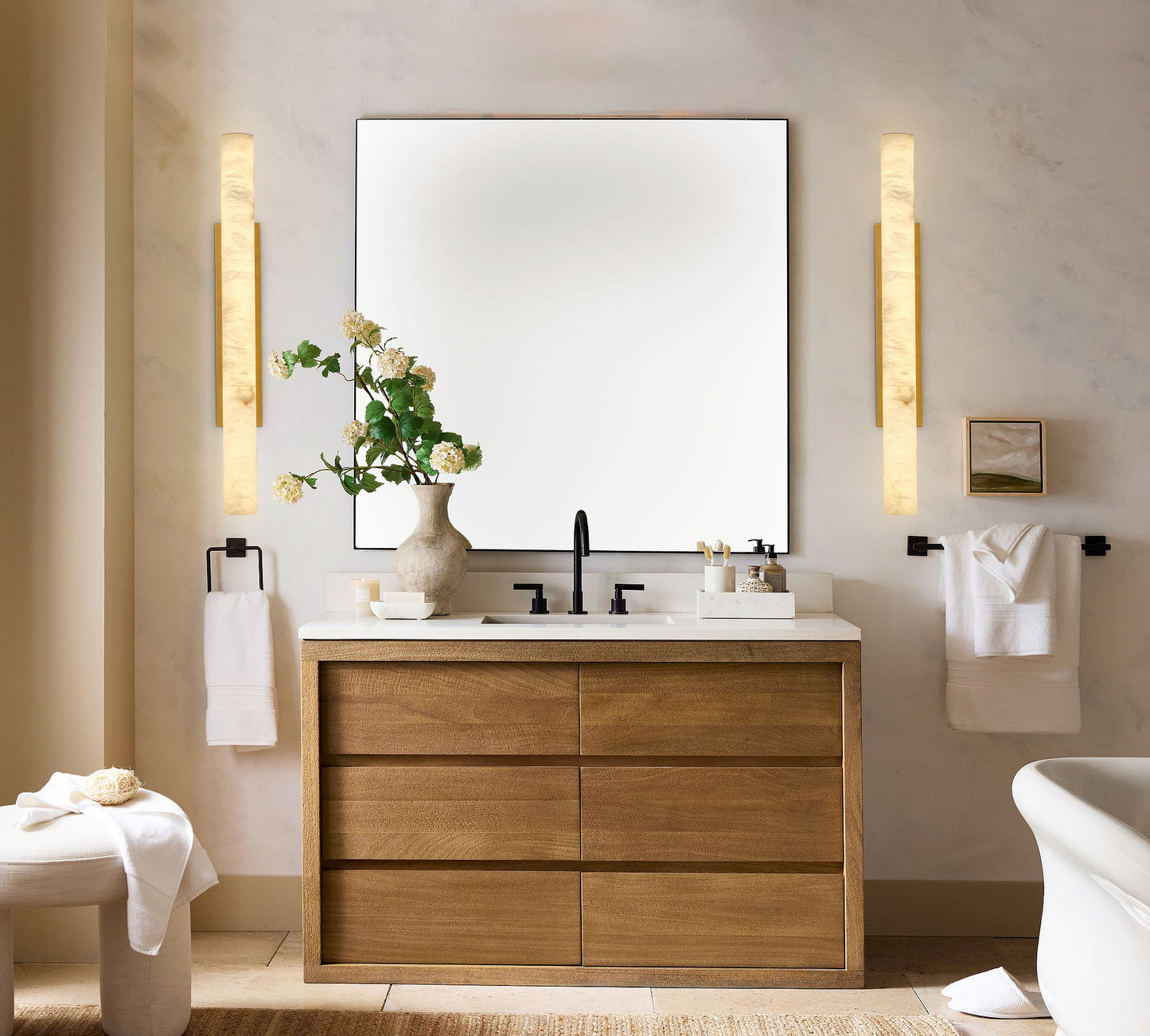 36 in. 1-Light Gold LED Wall Sconce, Natural Alabaster Modern Wall Light for Bedroom, Bathroom, Living Room