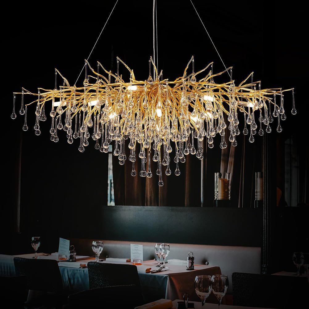 15-Lights Gold Luxury Crystal Chandelier, Modern Frosted Tree Branch Chandelier for Living Room, Dinning Room, Kitchen