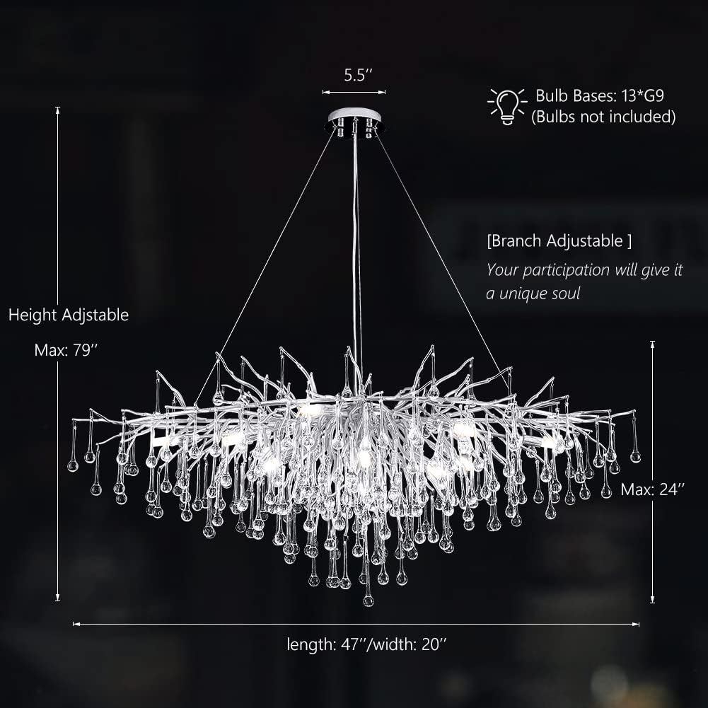 Modern Chandelier 47 in. 13-Lights Silver Luxury Crystal Globe Linear Chandelier for Dining Room, Kitchen Island, Foyer